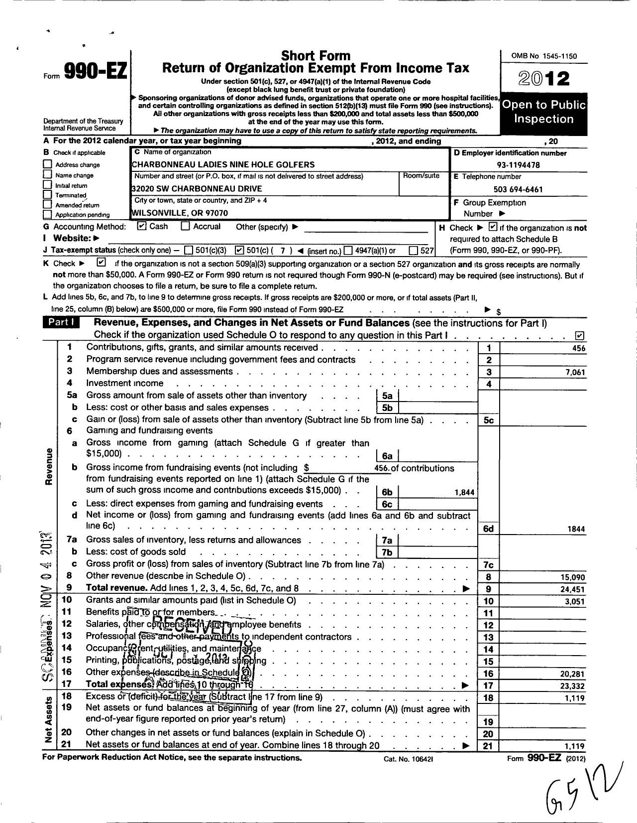 Image of first page of 2012 Form 990EO for Charbonneau Ladies Nine Hole Golfers