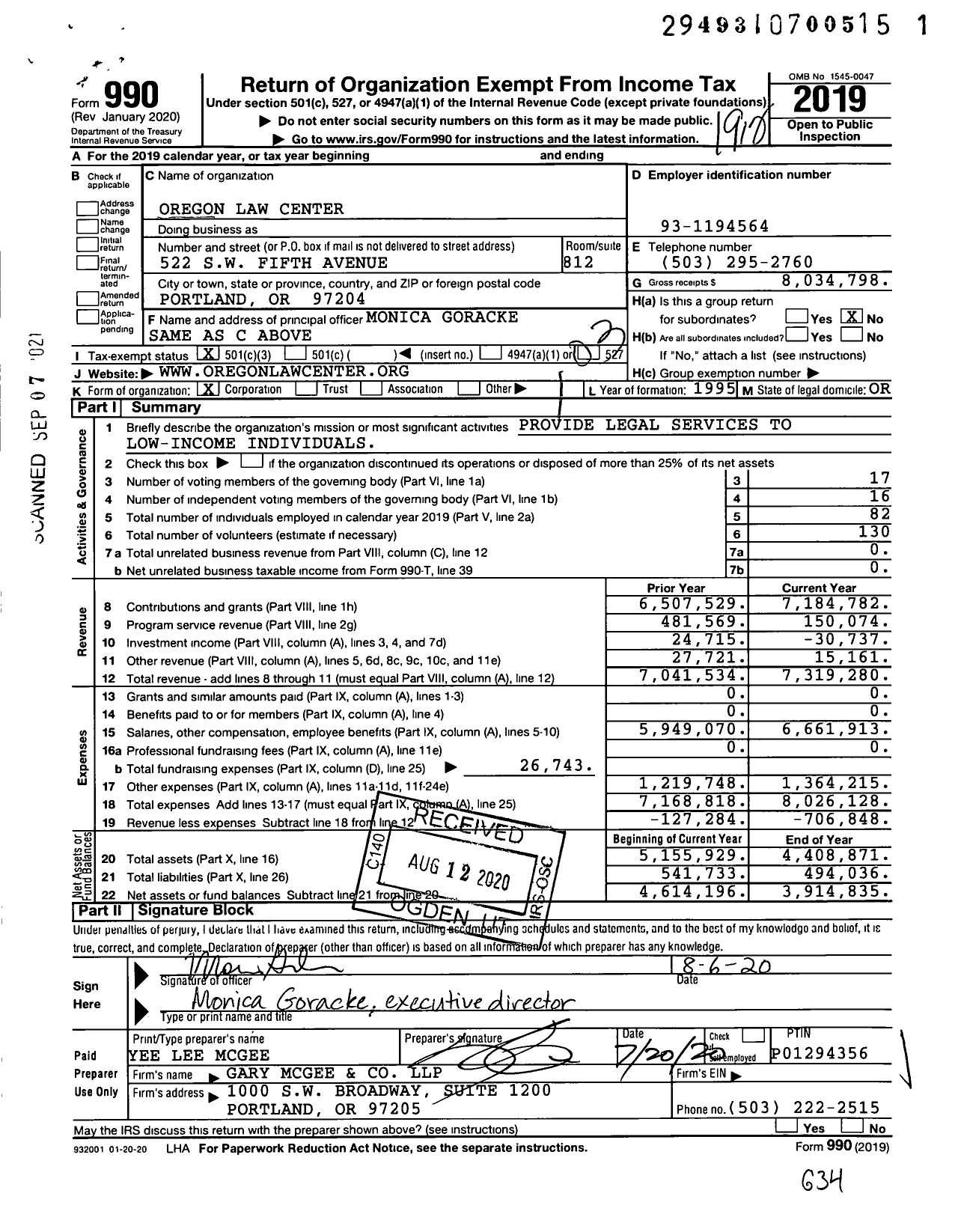 Image of first page of 2019 Form 990 for Oregon Law Center