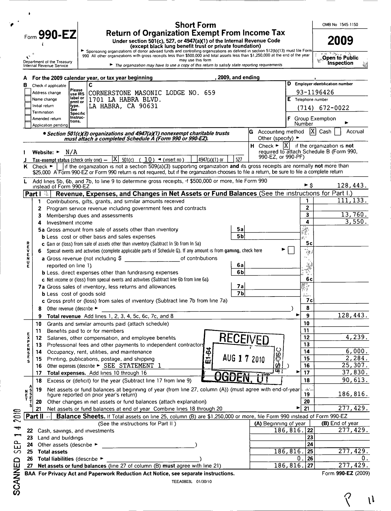 Image of first page of 2009 Form 990EO for Masons of California - 659 Cornerstone