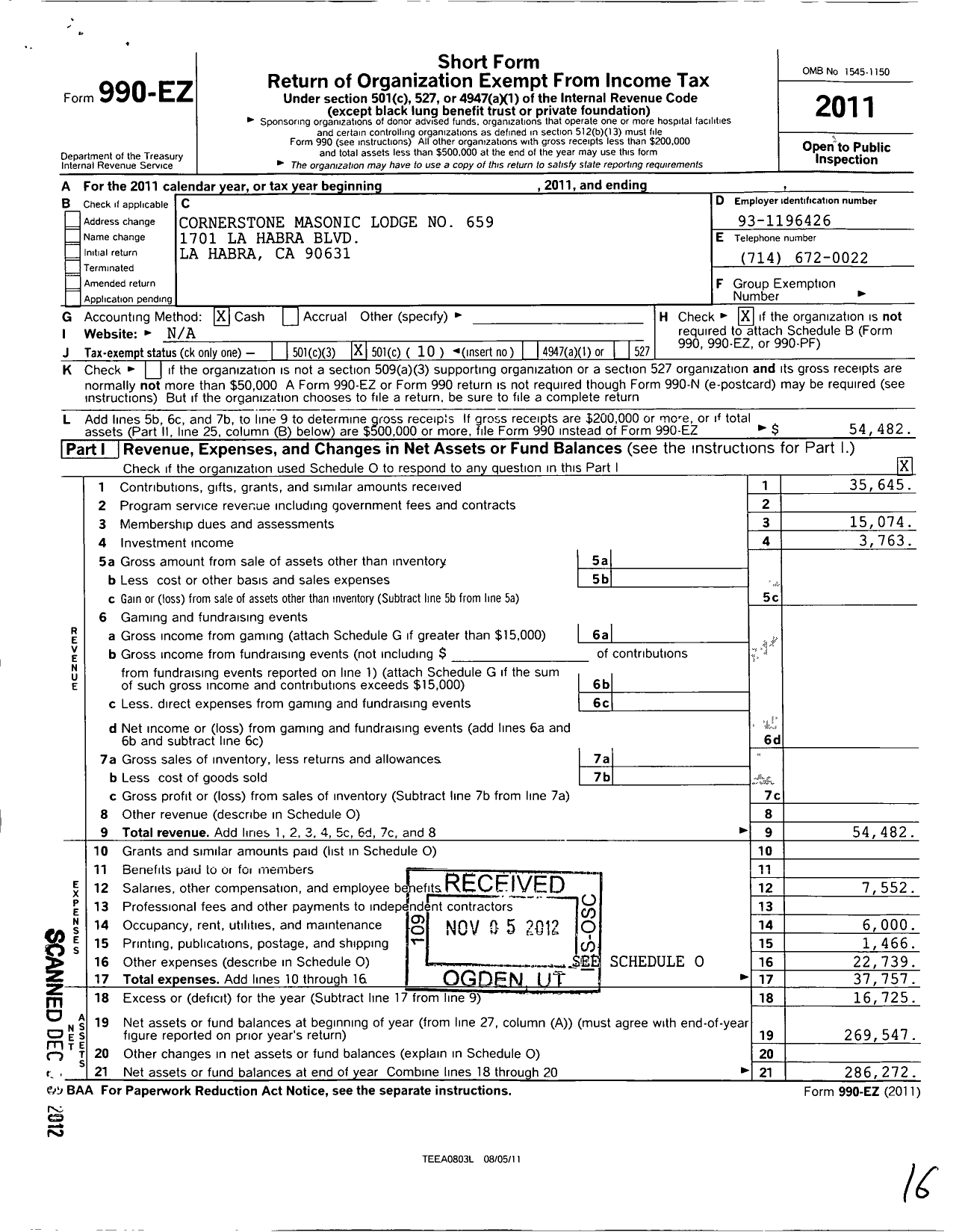 Image of first page of 2011 Form 990EO for Masons of California - 659 Cornerstone