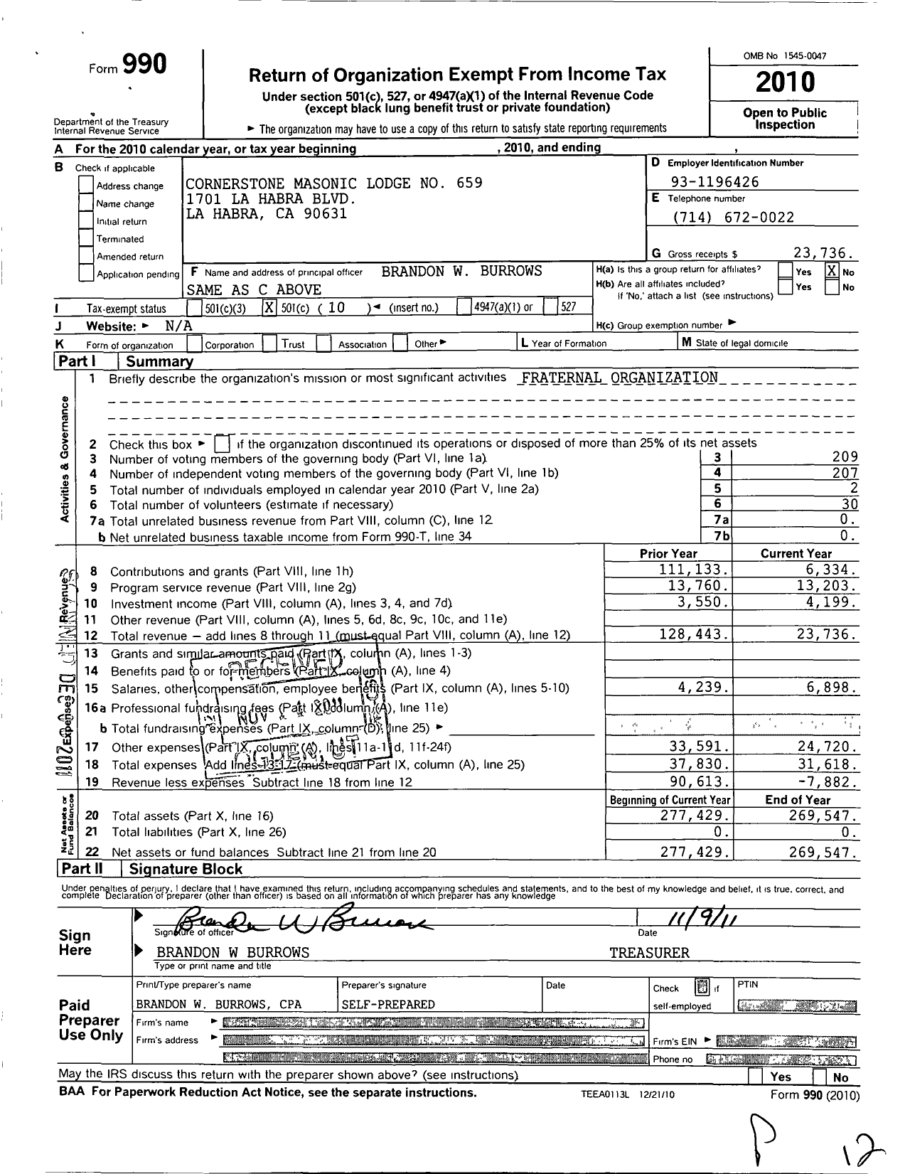 Image of first page of 2010 Form 990O for Masons of California - 659 Cornerstone