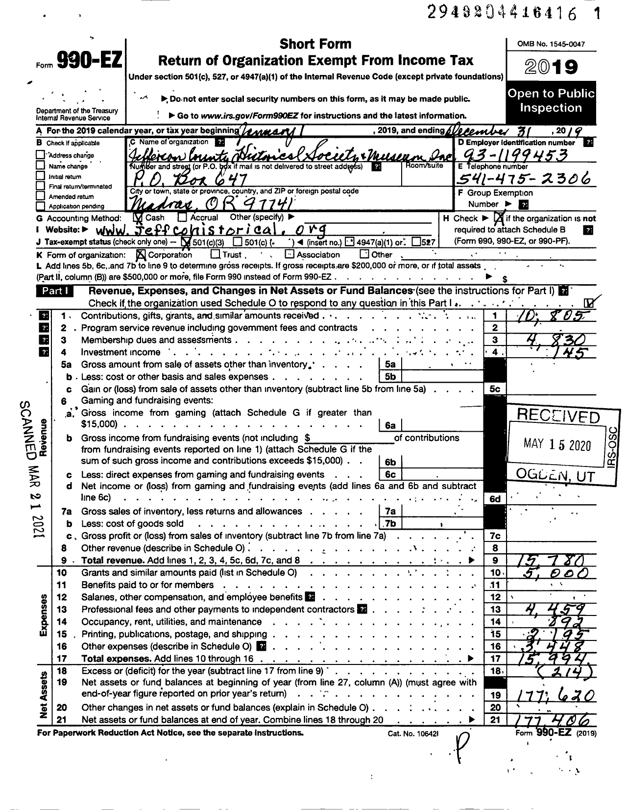 Image of first page of 2019 Form 990EZ for Jefferson County Historical Society and Museum