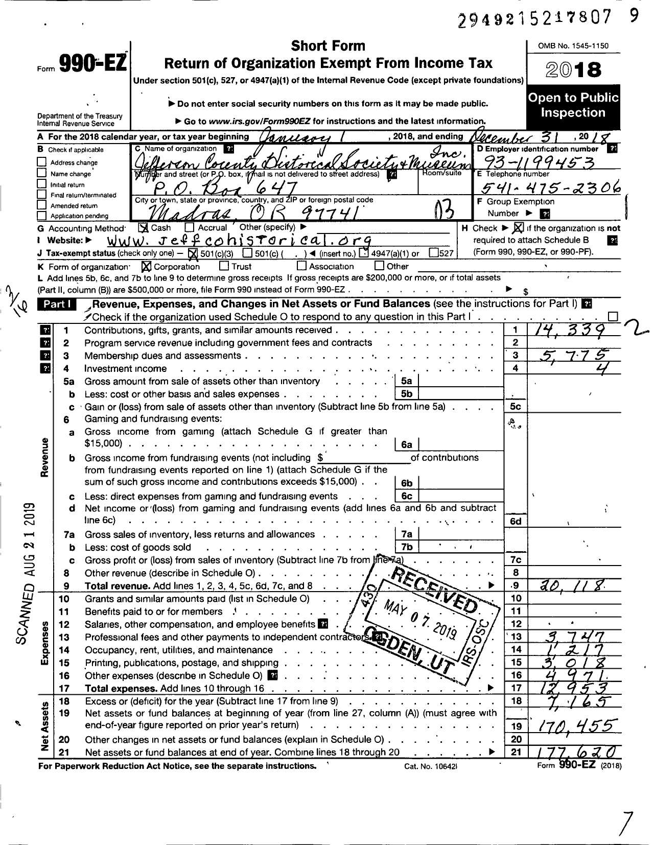 Image of first page of 2018 Form 990EZ for Jefferson County Historical Society and Museum