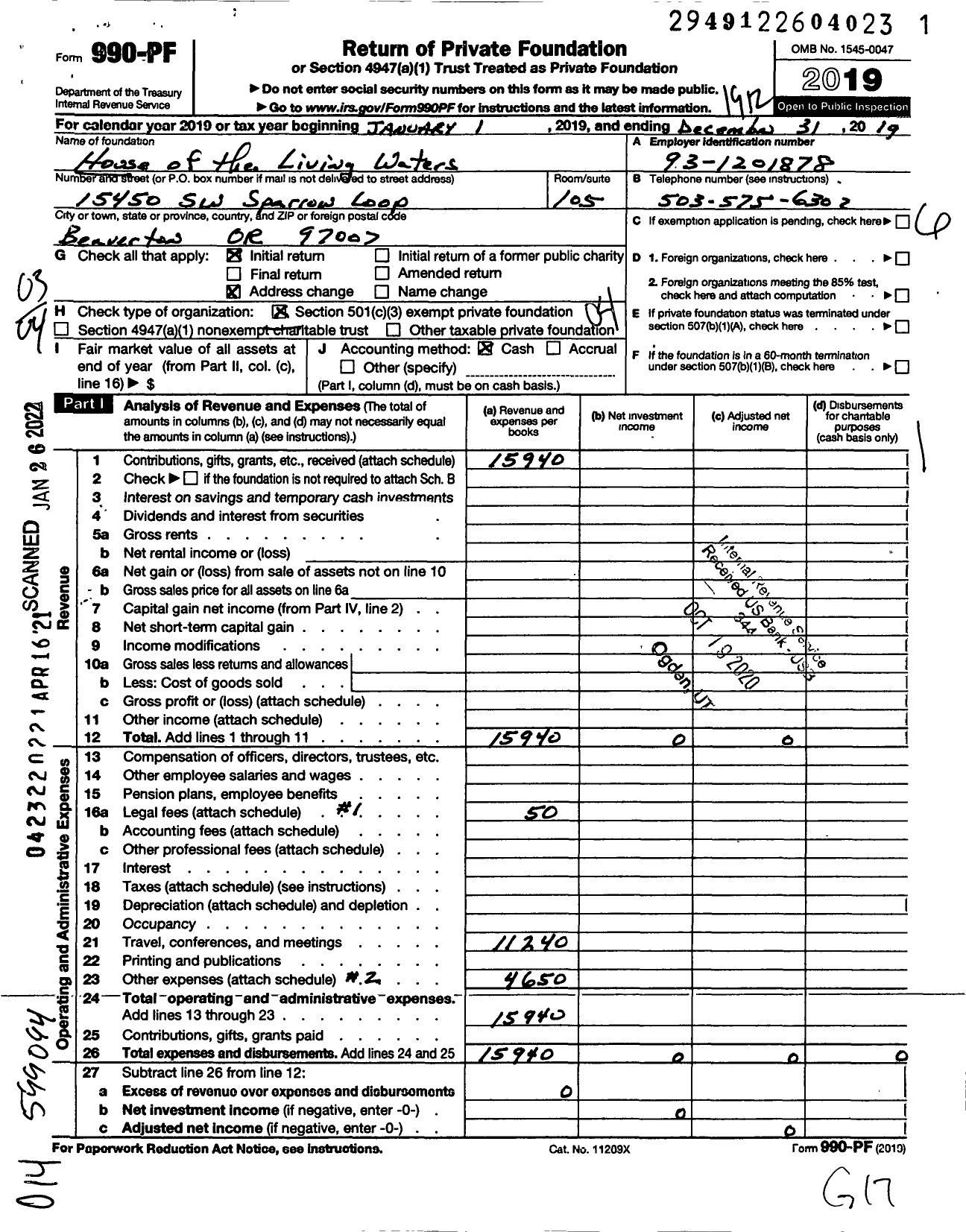 Image of first page of 2019 Form 990PF for House of the Living Waters