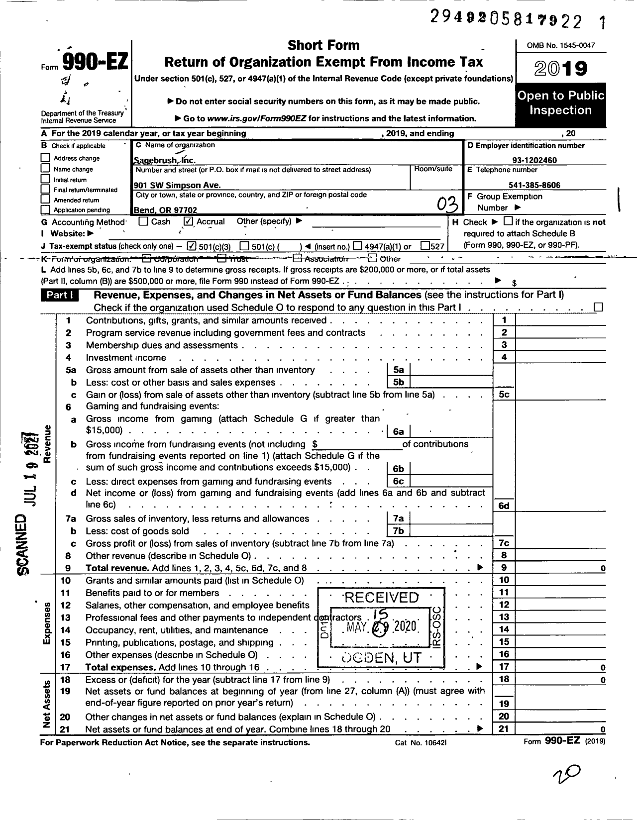 Image of first page of 2019 Form 990EZ for Sagebrush