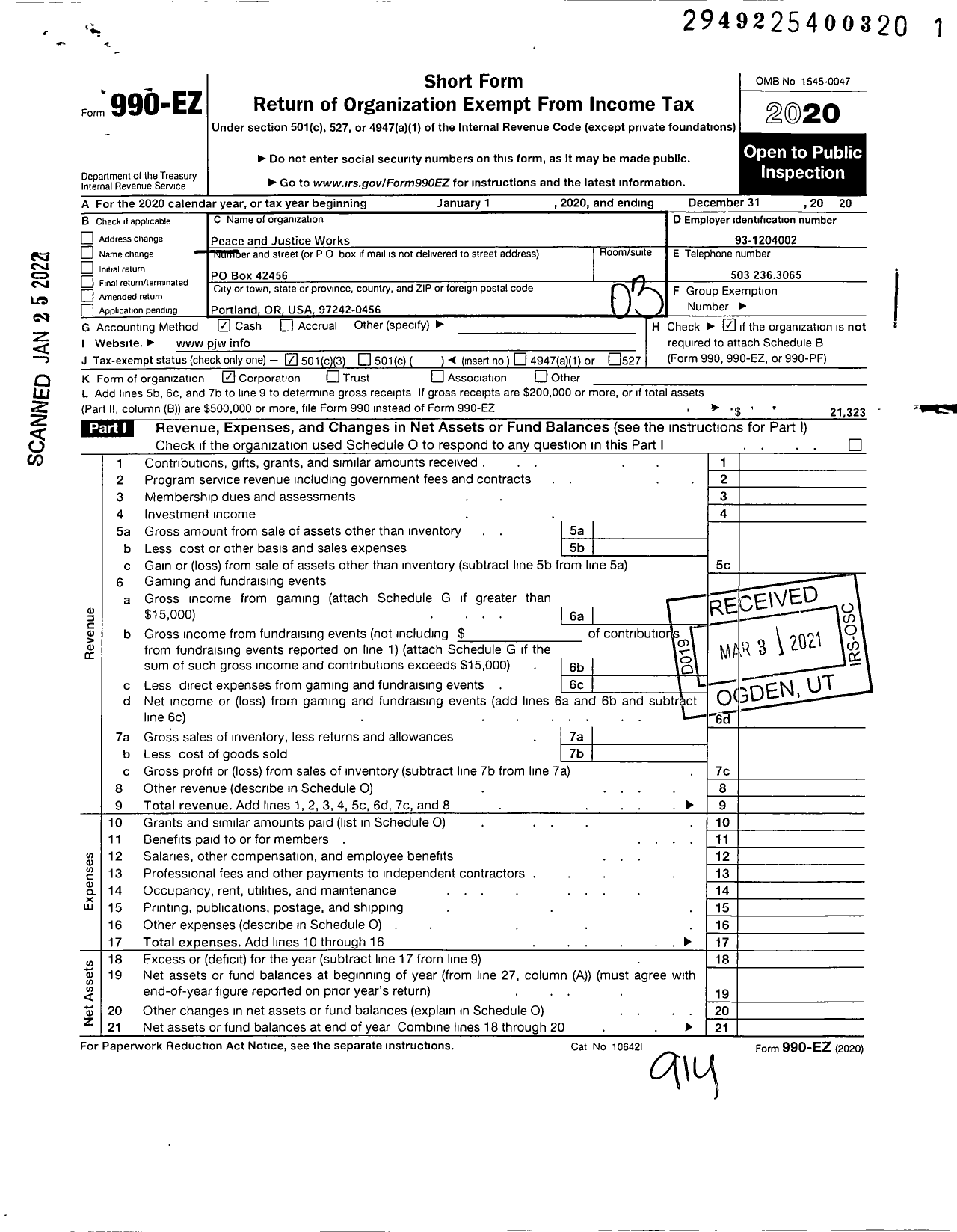 Image of first page of 2020 Form 990EZ for Peace and Justice Works