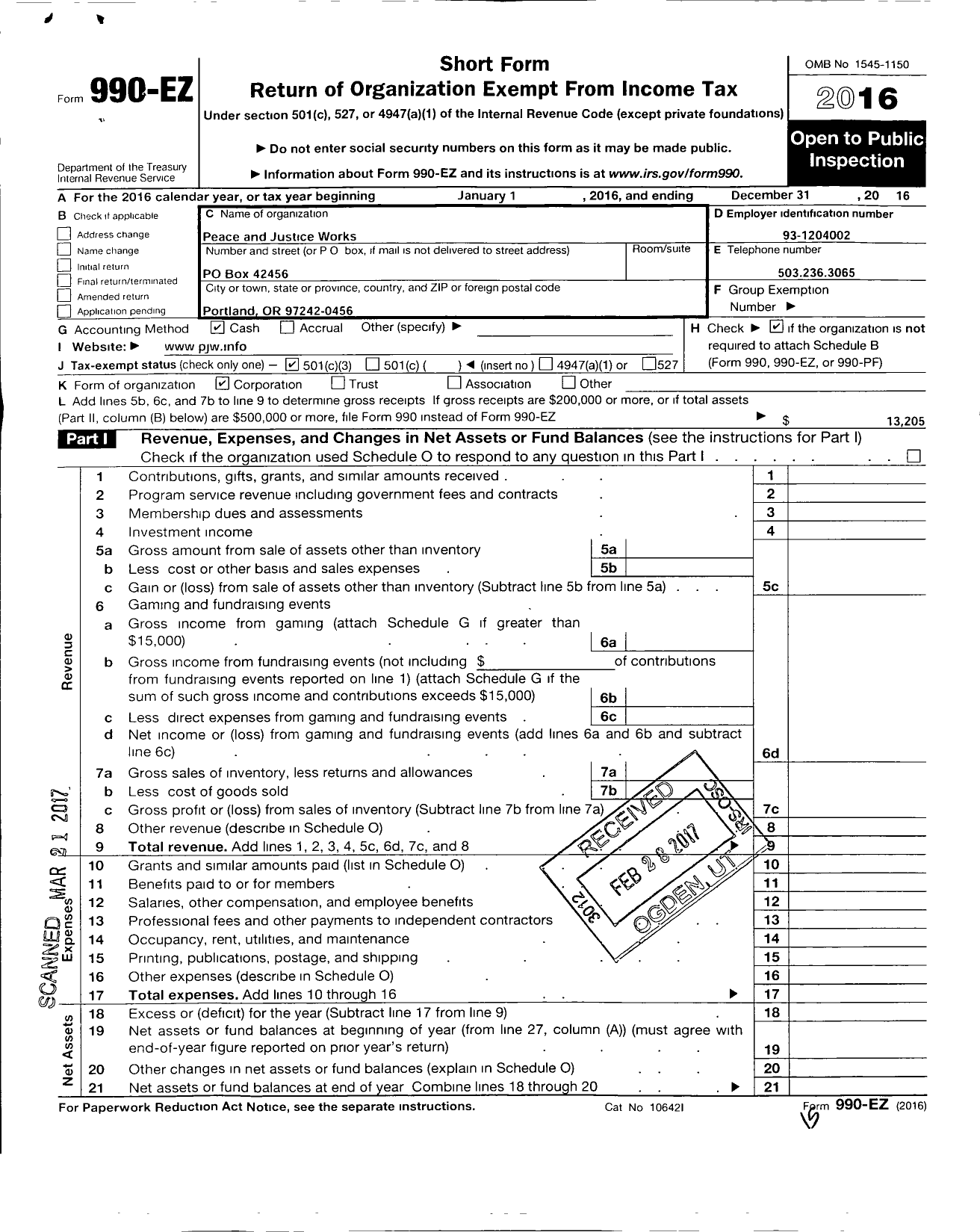 Image of first page of 2016 Form 990EZ for Peace and Justice Works