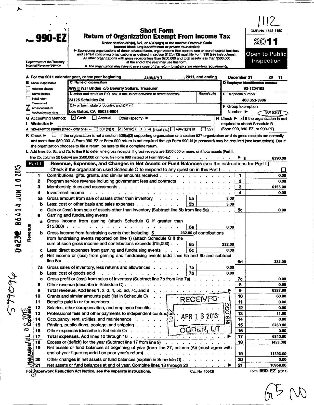 Image of first page of 2011 Form 990EO for WW Ii War Brides