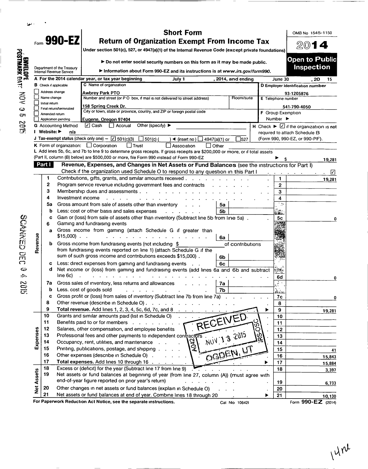 Image of first page of 2014 Form 990EZ for Awbrey Park Elementary Pto