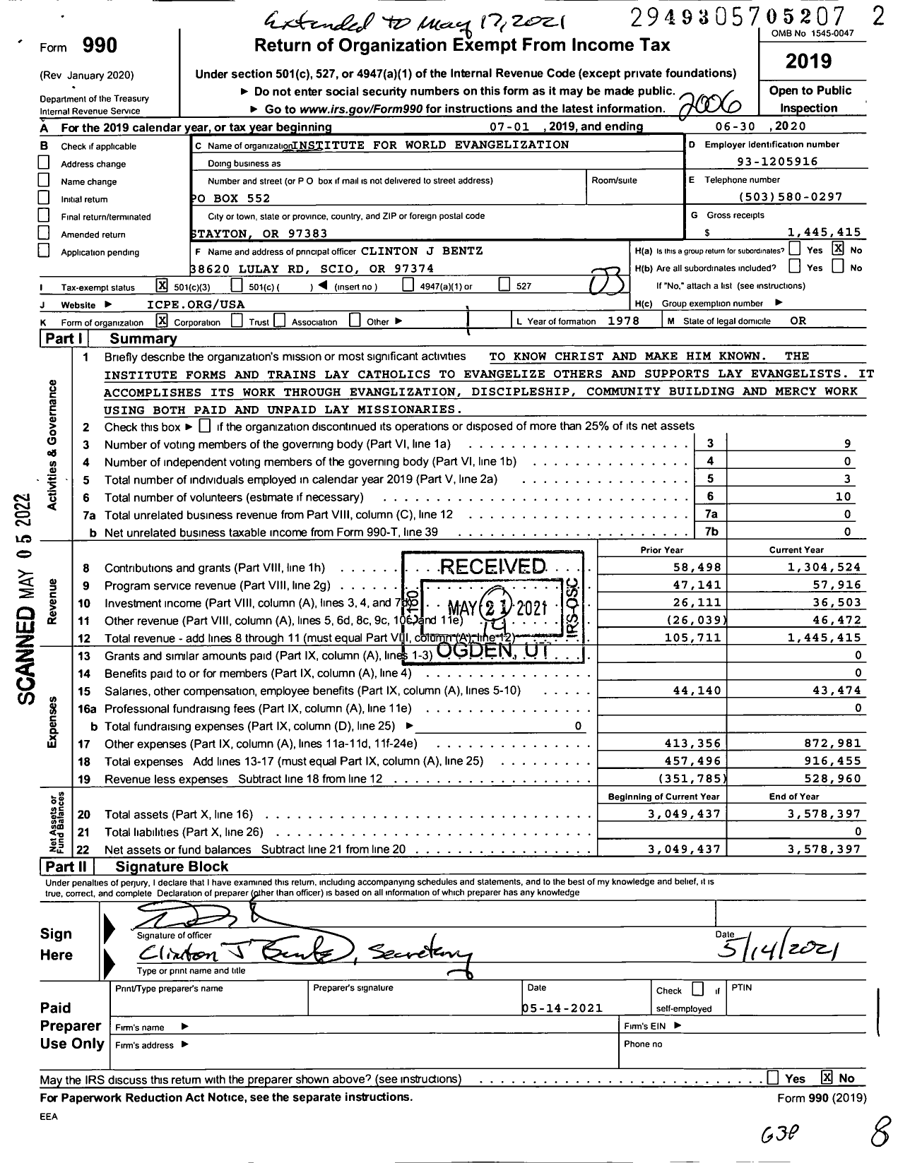 Image of first page of 2019 Form 990 for Institute for World Evangelization