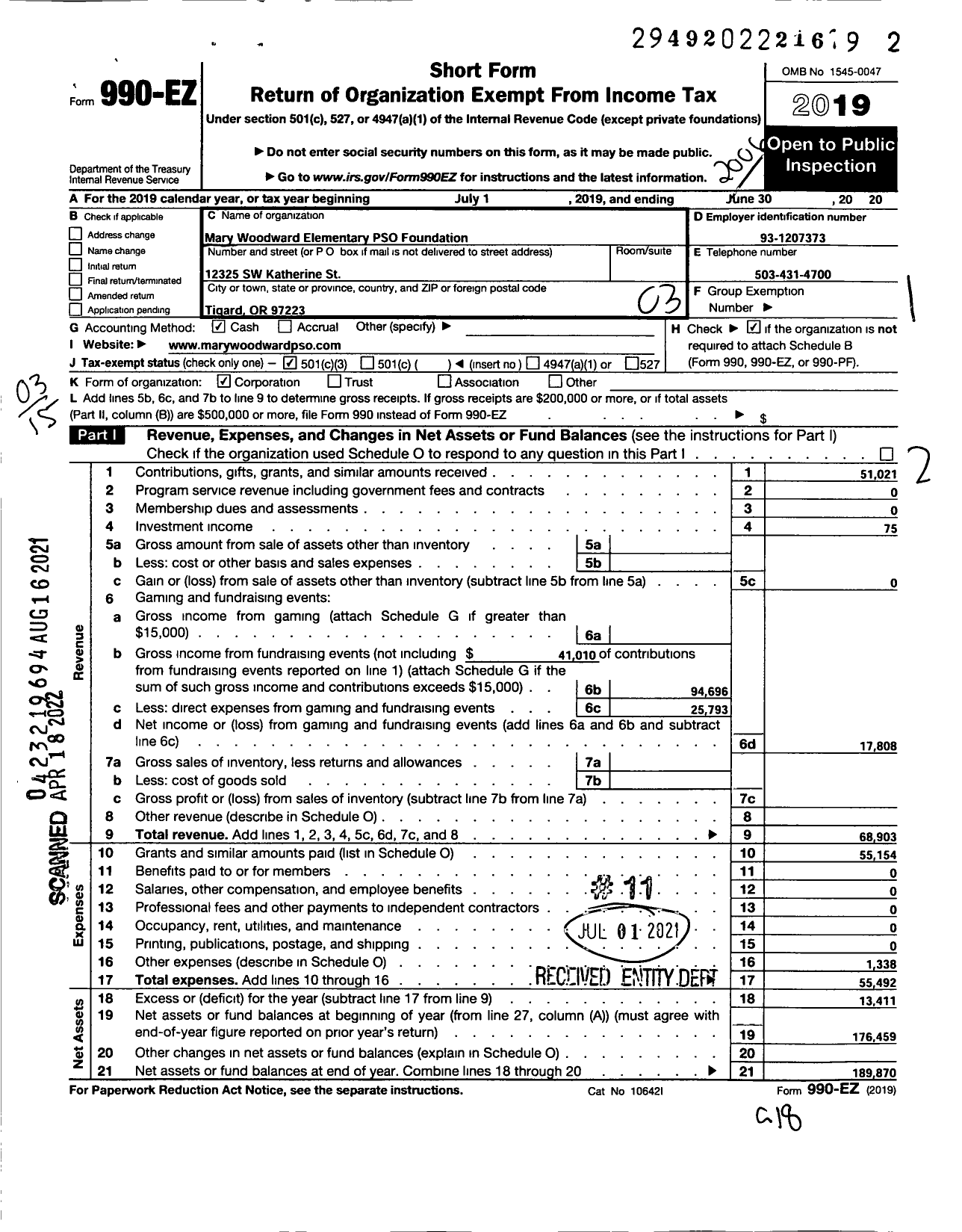 Image of first page of 2019 Form 990EZ for Mary Woodward Elementery Pso Foundation