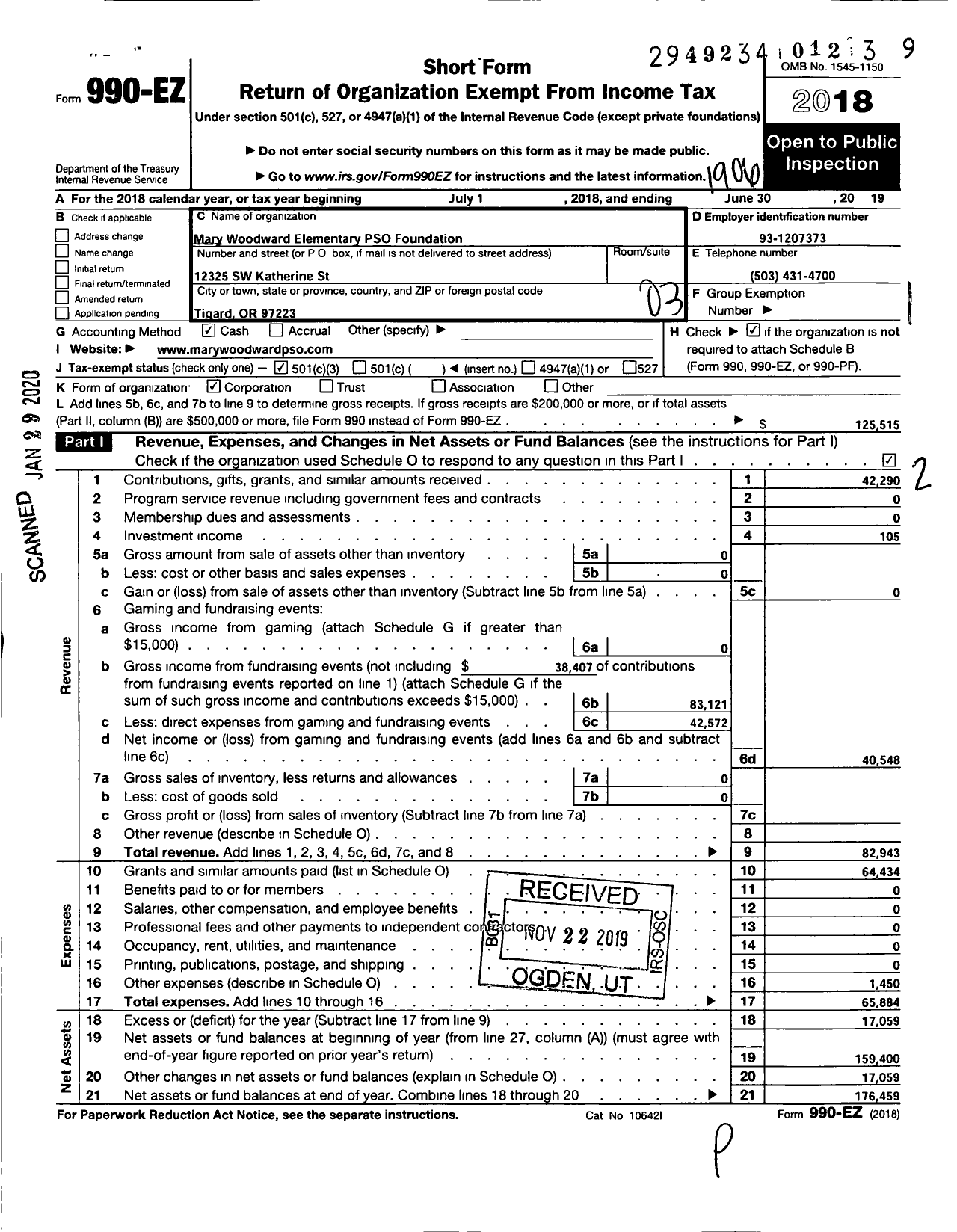 Image of first page of 2018 Form 990EZ for Mary Woodward Elementery Pso Foundation