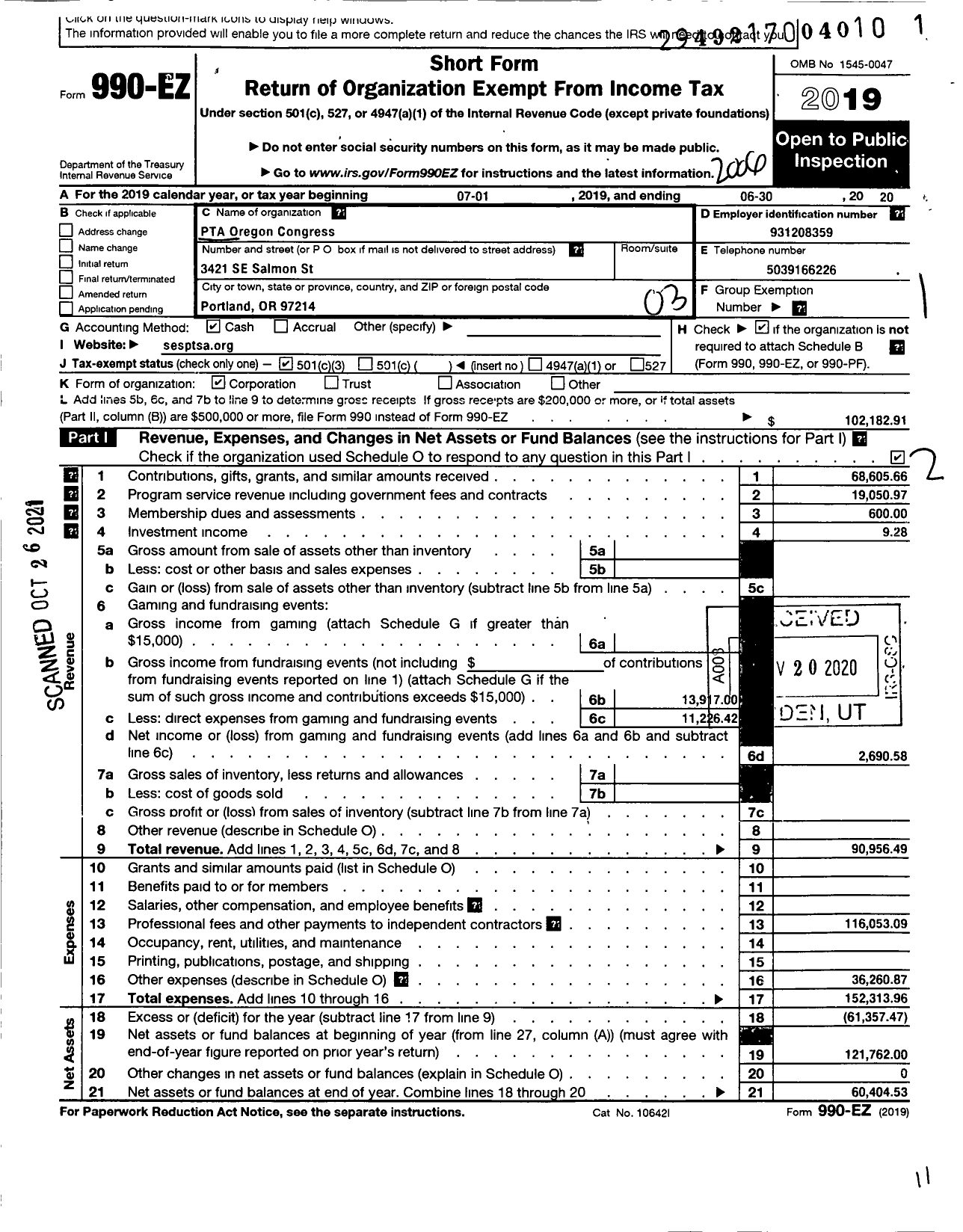 Image of first page of 2019 Form 990EZ for PTA Oregon Congress Sunnyside Environmental PTA