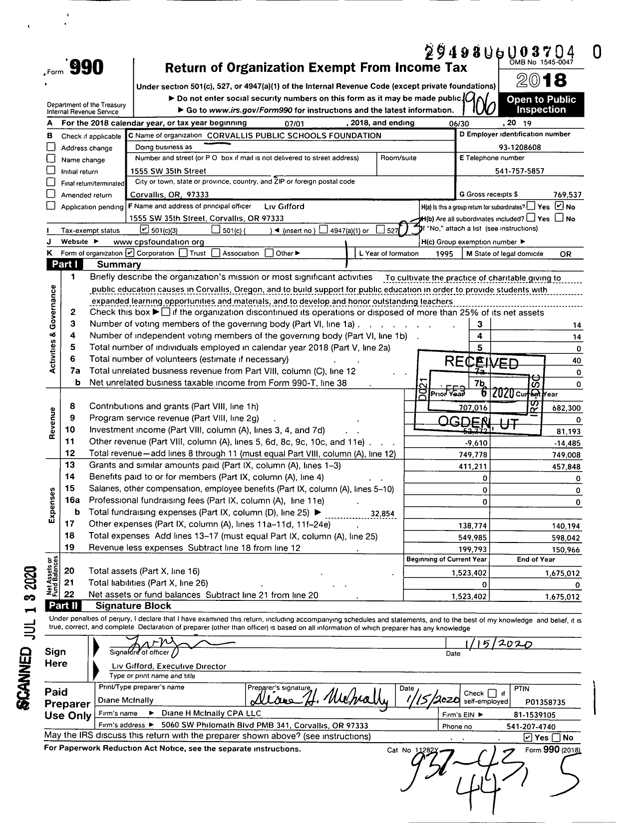 Image of first page of 2018 Form 990 for Corvallis Public Schools Foundation