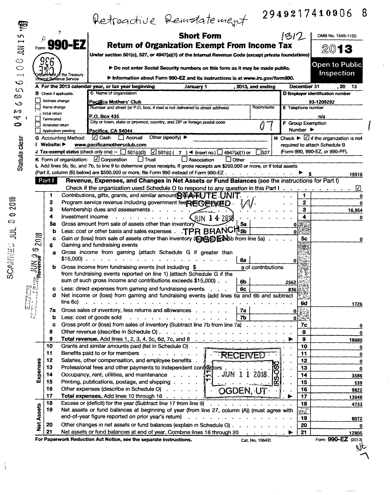 Image of first page of 2013 Form 990EO for Pacifica Mothers Club