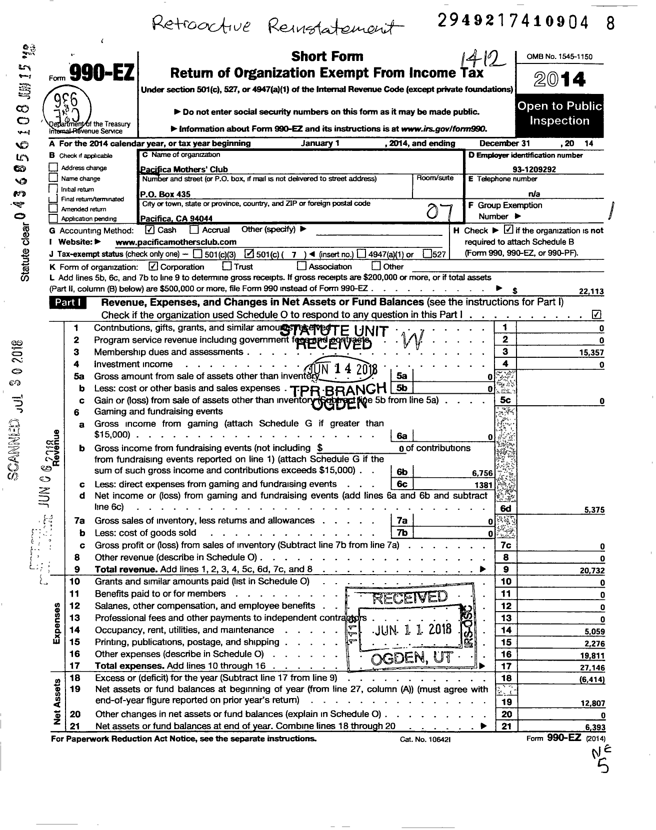 Image of first page of 2014 Form 990EO for Pacifica Mothers Club