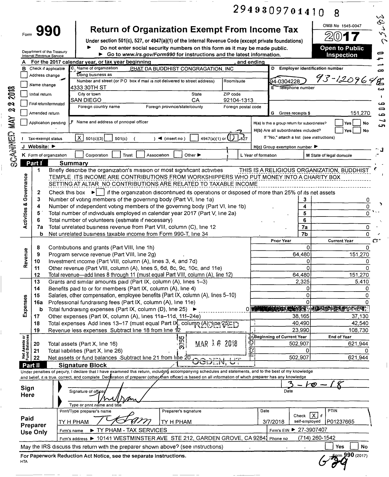 Image of first page of 2017 Form 990 for Phat Da Buddhist Congregation