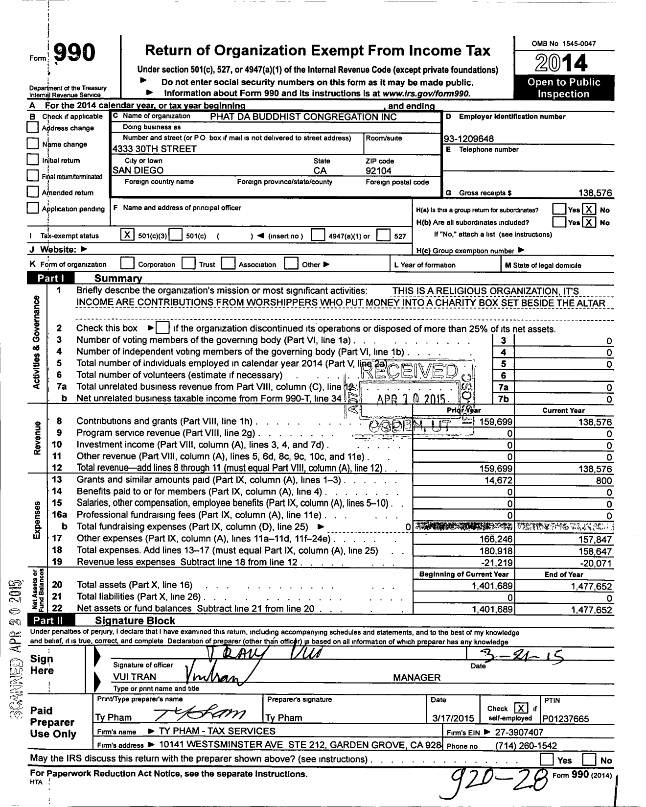 Image of first page of 2014 Form 990 for Phat Da Buddhist Congregation