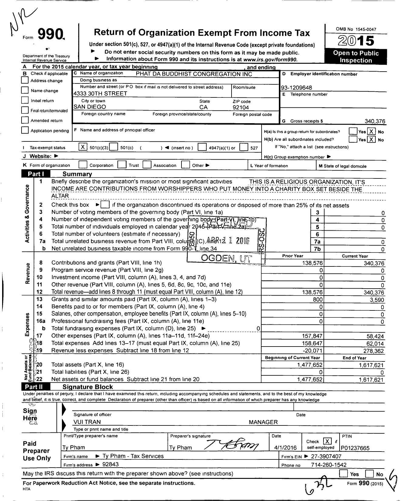 Image of first page of 2015 Form 990 for Phat Da Buddhist Congregation