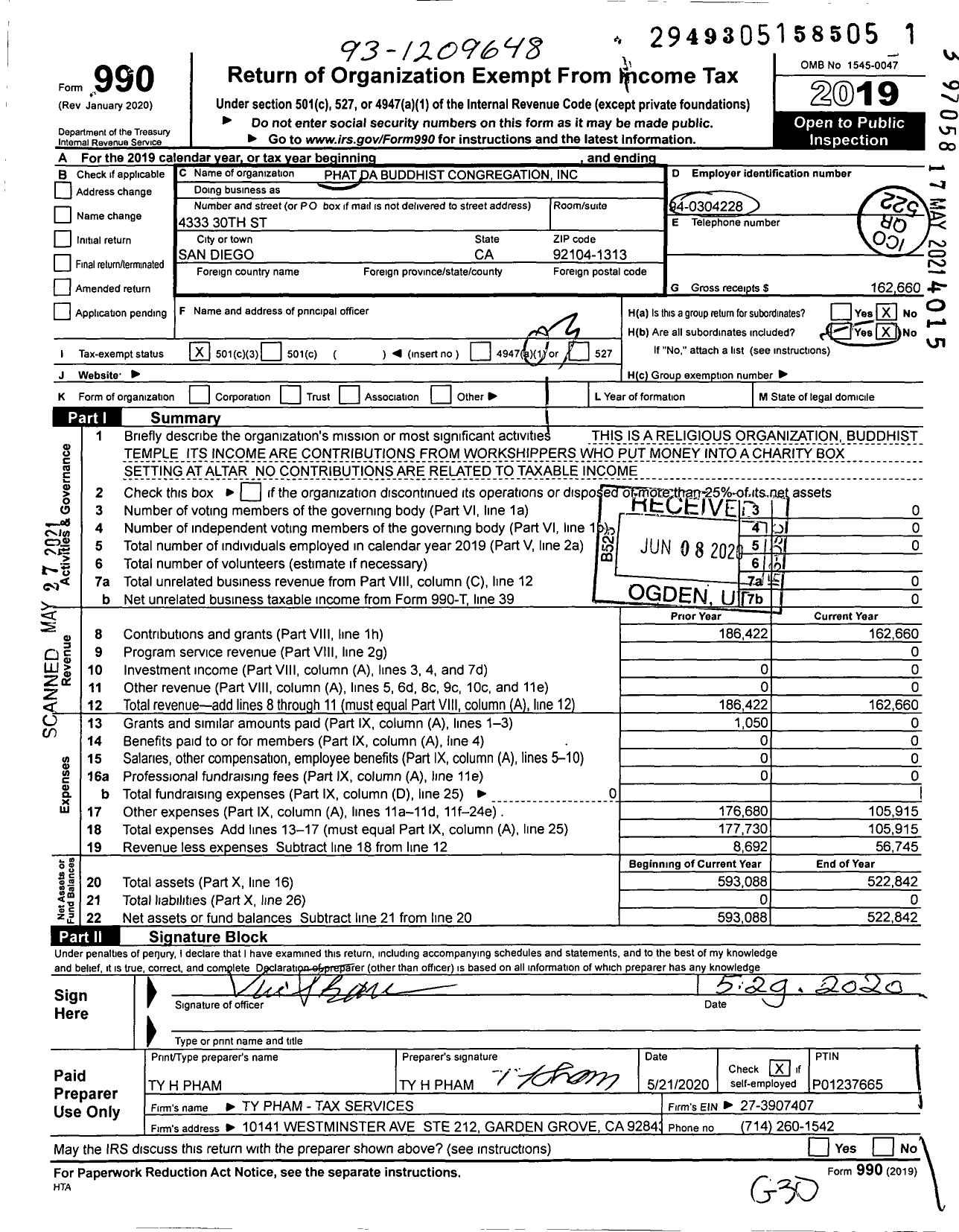 Image of first page of 2019 Form 990 for Phat Da Buddhist Congregation