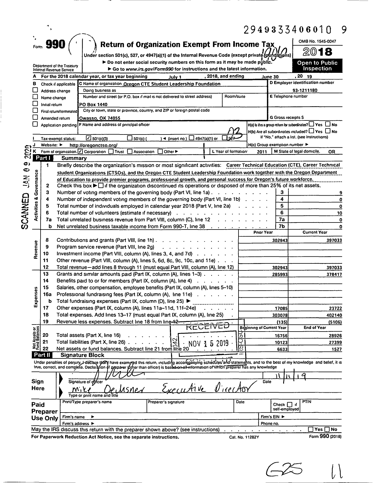 Image of first page of 2018 Form 990 for Oregon Cte Student Leadership Foundation