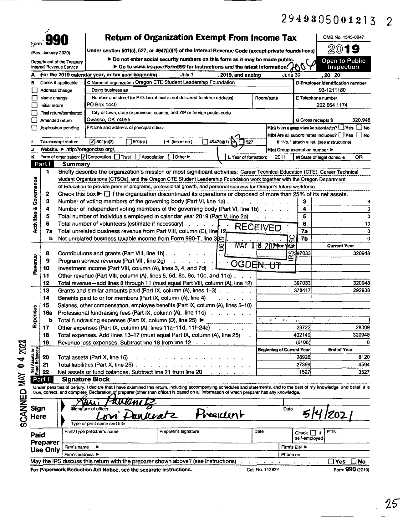 Image of first page of 2019 Form 990 for Oregon Cte Student Leadership Foundation