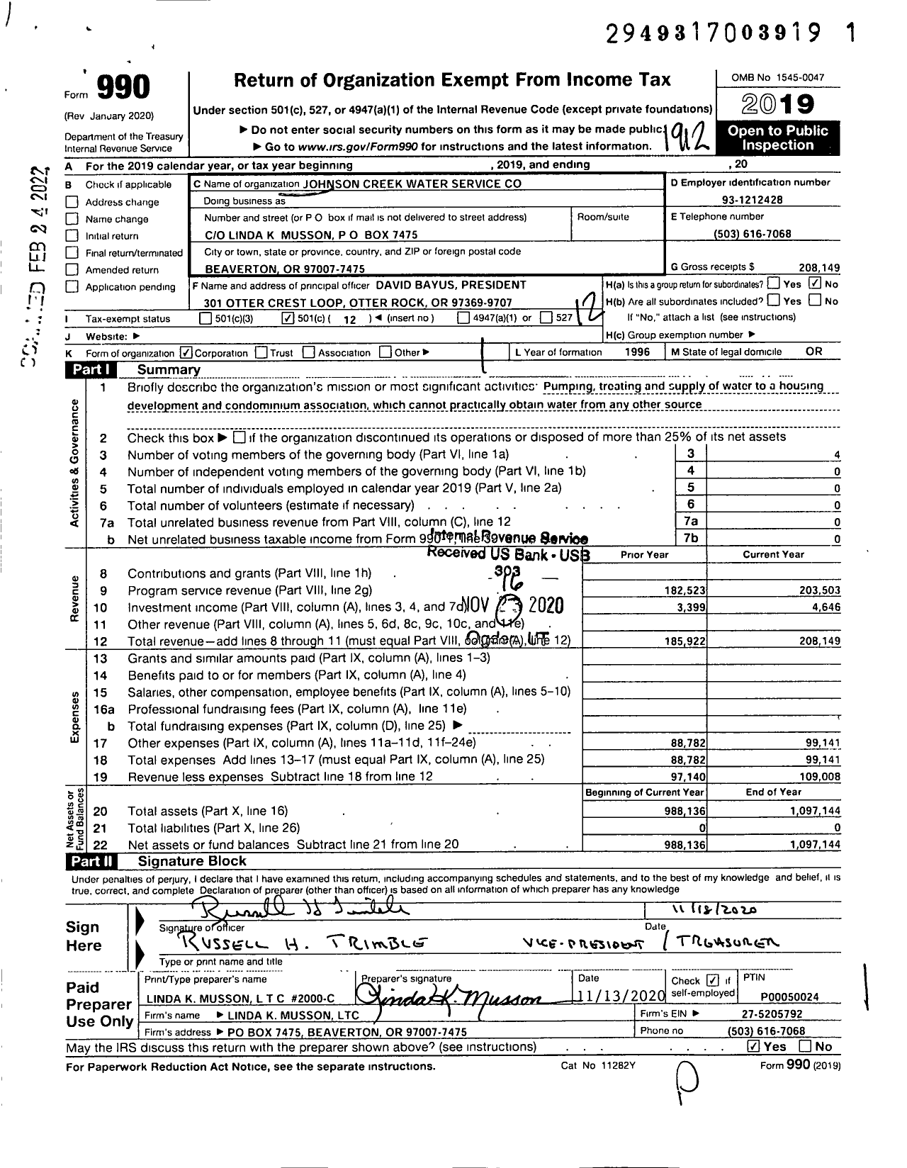 Image of first page of 2019 Form 990O for Johnson Creek Water Service