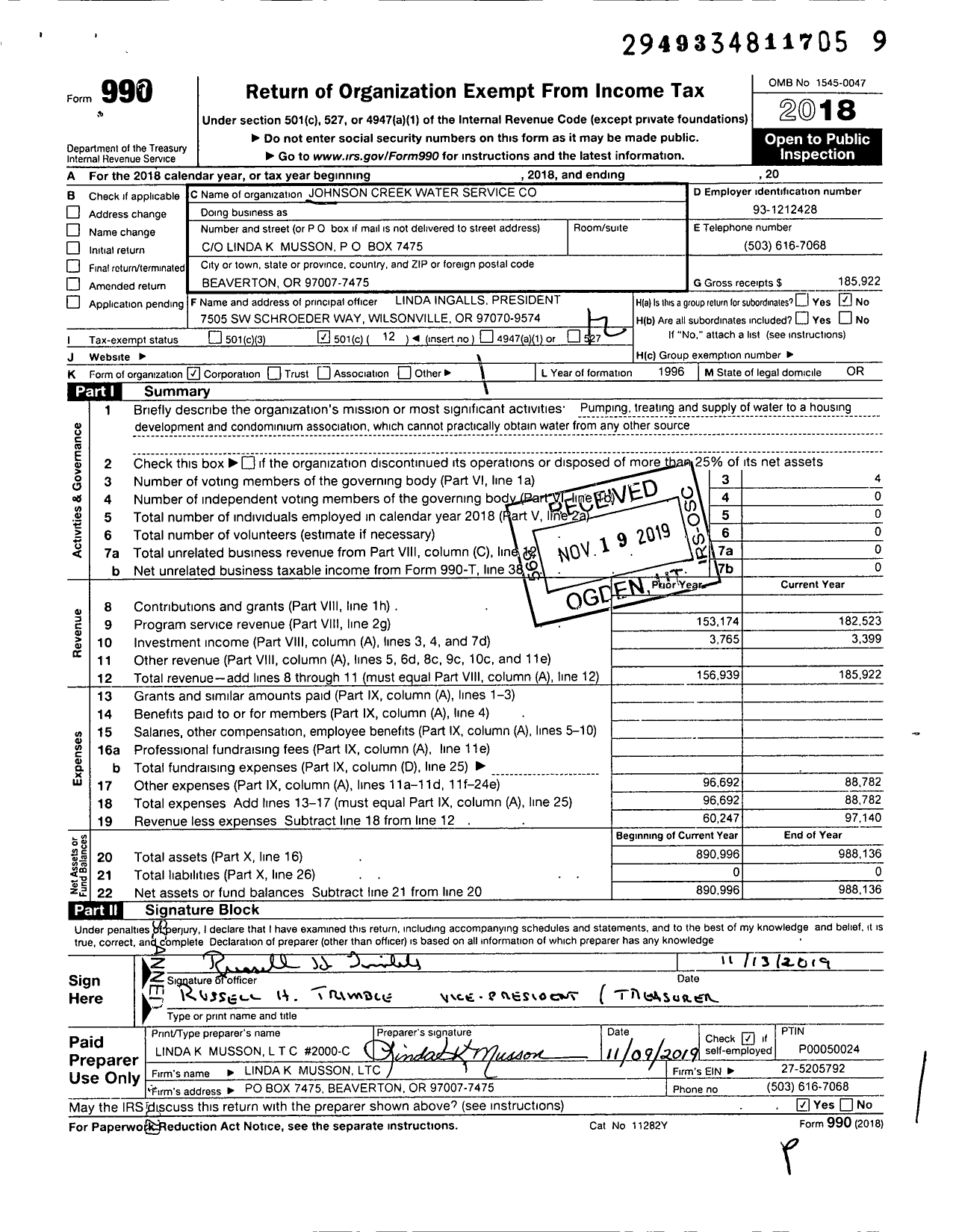 Image of first page of 2018 Form 990O for Johnson Creek Water Service