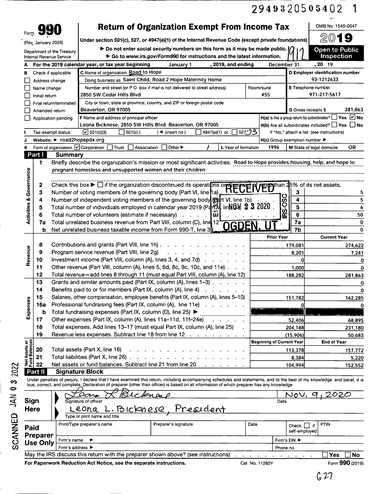 Image of first page of 2019 Form 990 for ROAD TO HOPE Saint Child ROAD 2 HOPE Maternity Home