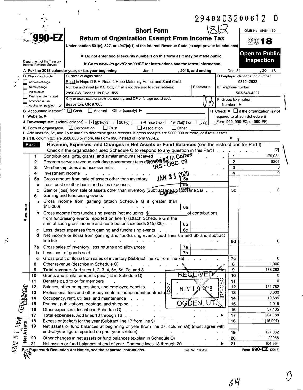 Image of first page of 2018 Form 990EZ for ROAD TO HOPE Saint Child ROAD 2 HOPE Maternity Home