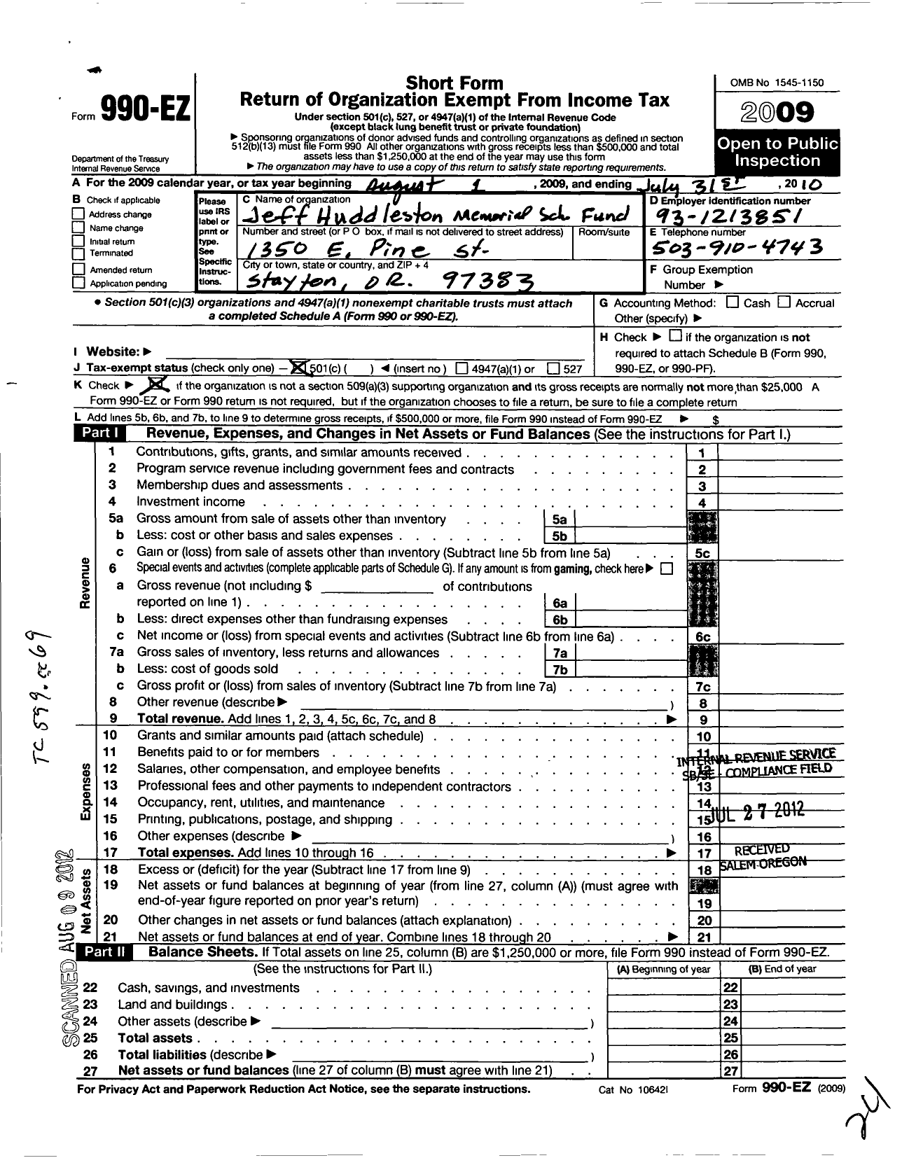 Image of first page of 2009 Form 990EO for Jeff Huddleston Memorial Scholarship Fund