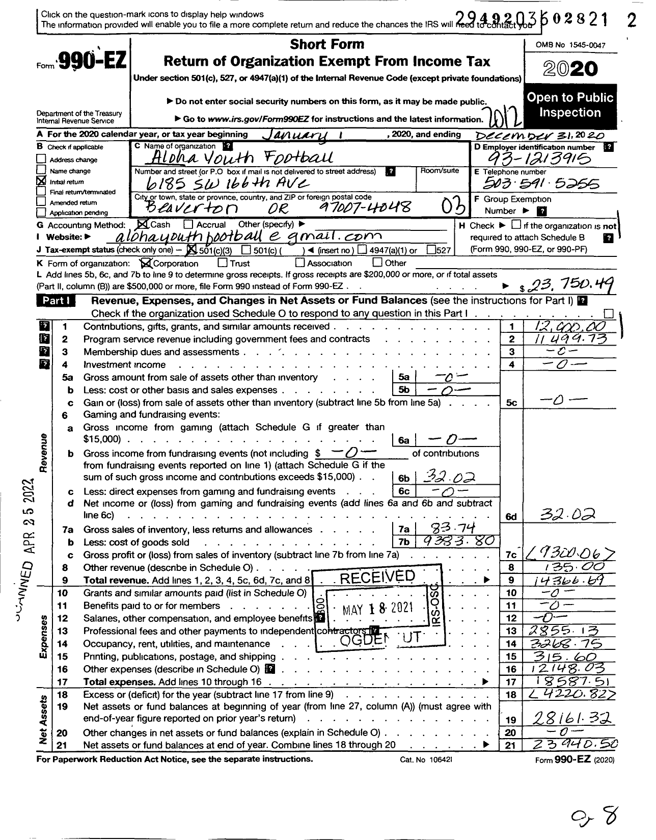 Image of first page of 2020 Form 990EZ for Aloha Youth Football