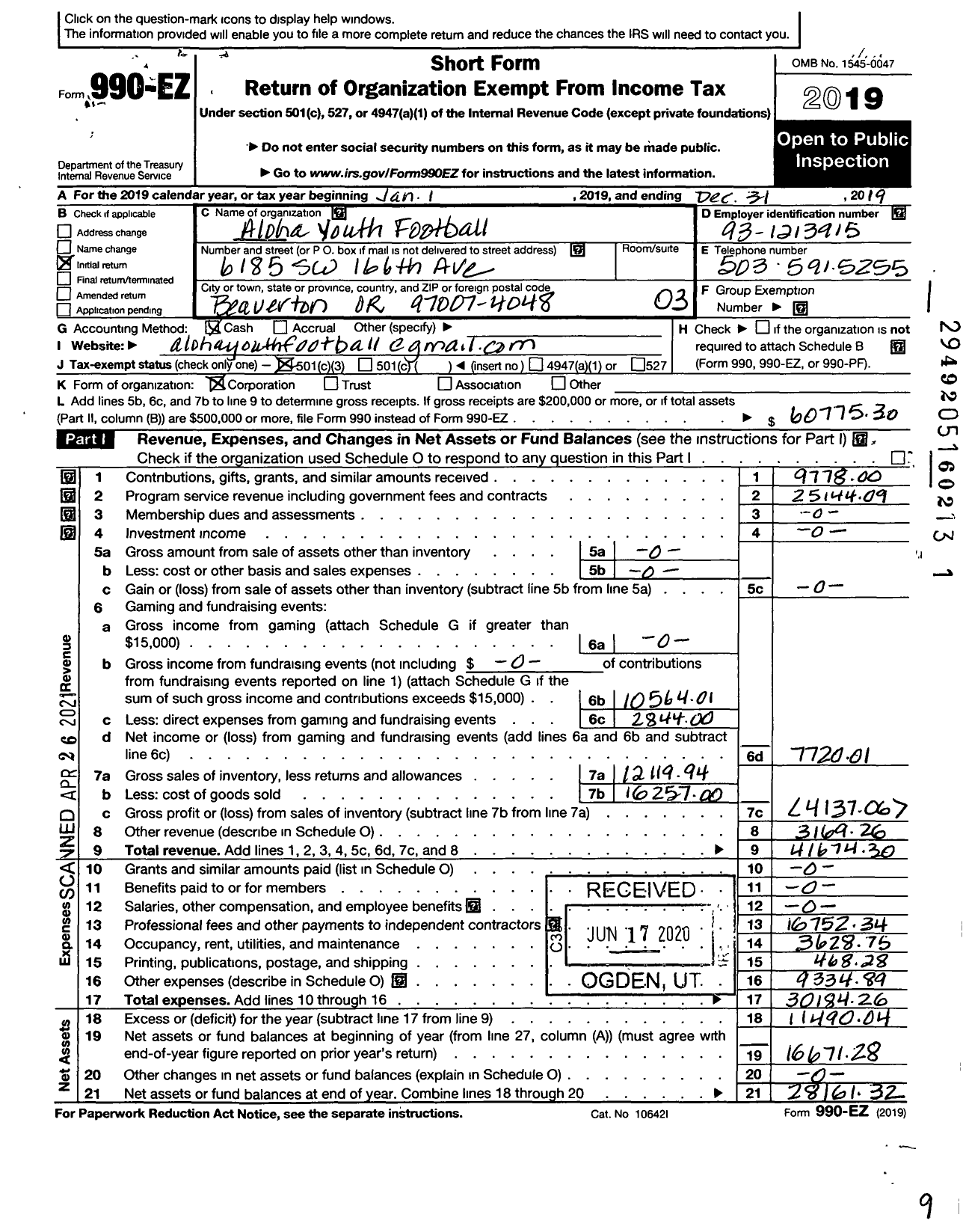 Image of first page of 2019 Form 990EZ for Aloha Youth Football