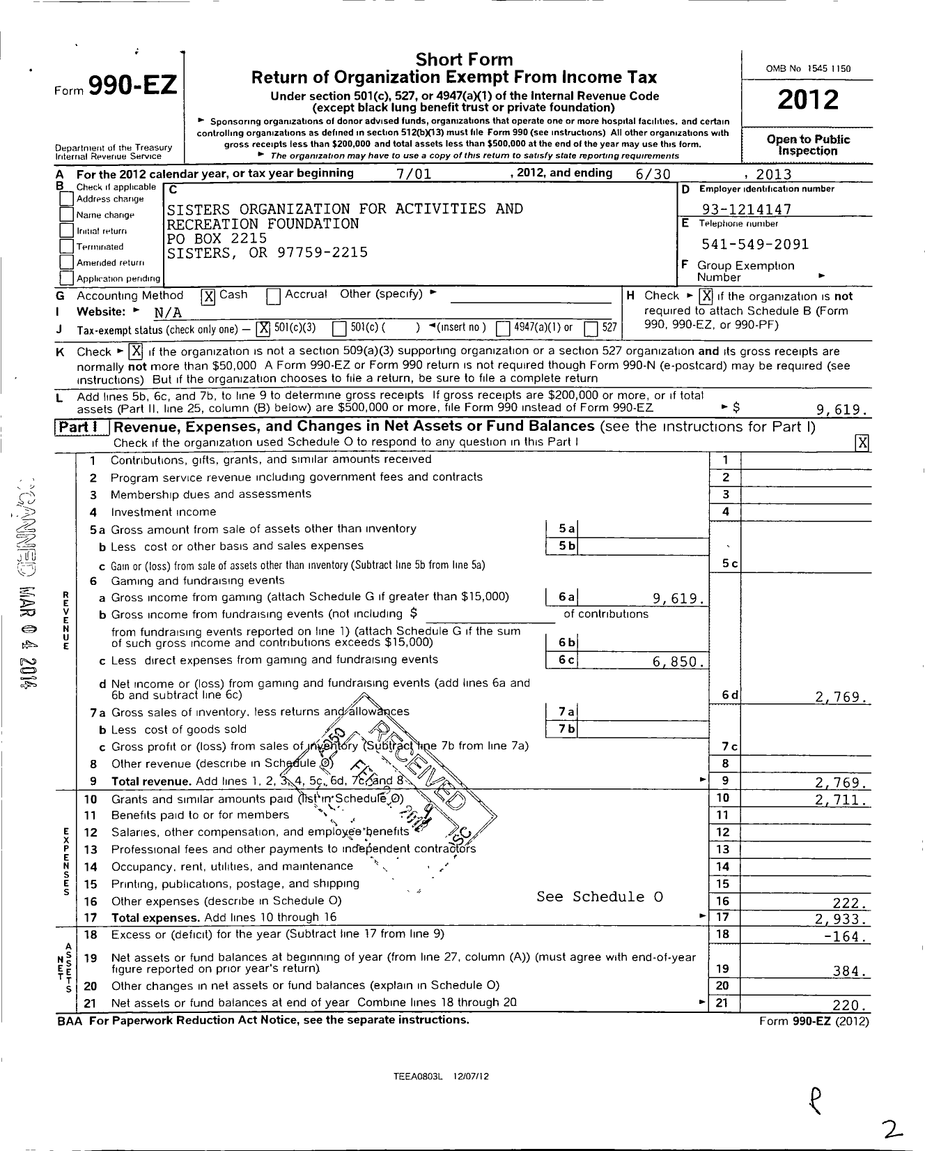 Image of first page of 2012 Form 990EZ for Sisters Organization for Activities and Recreation