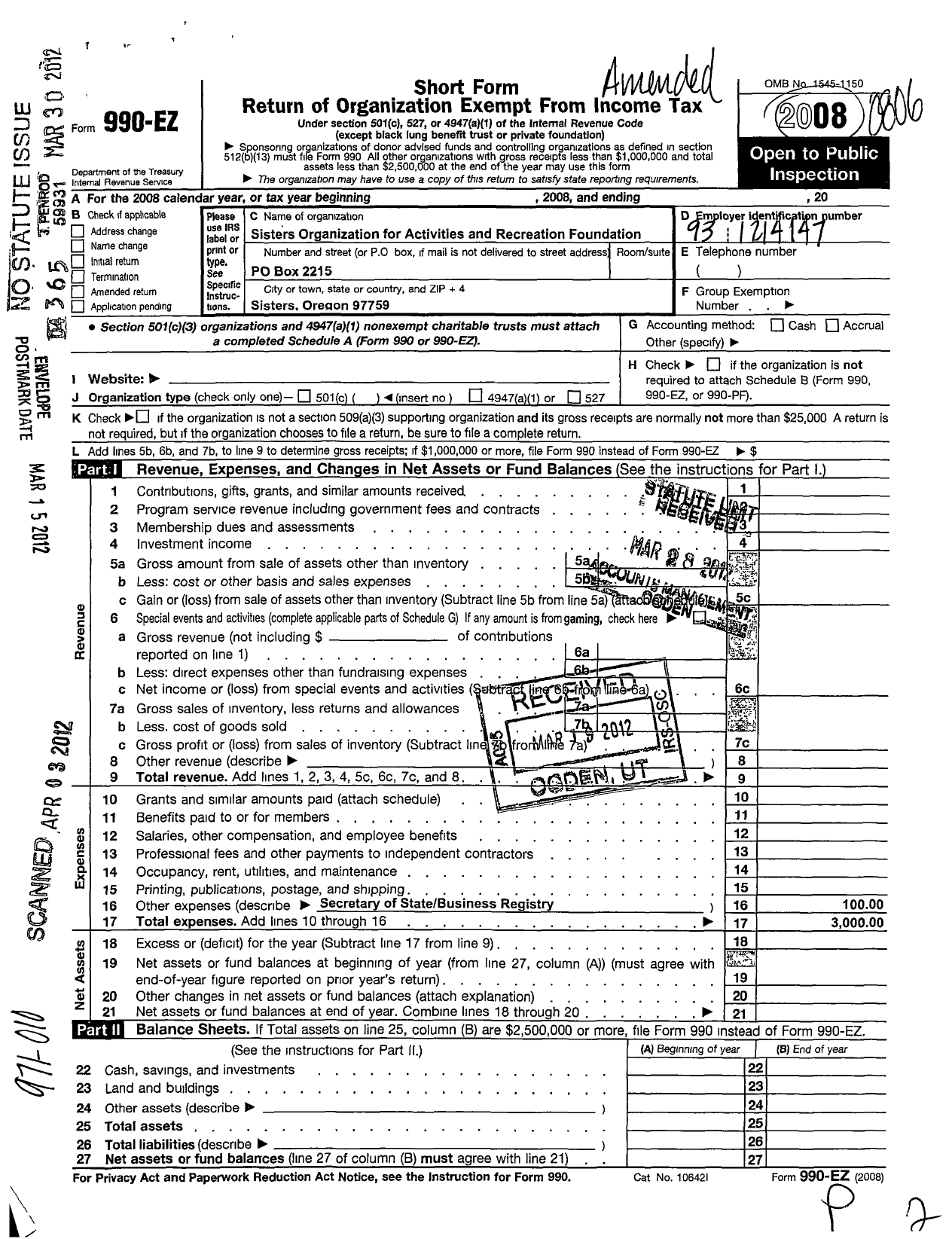 Image of first page of 2007 Form 990EO for Sisters Organization for Activities and Recreation