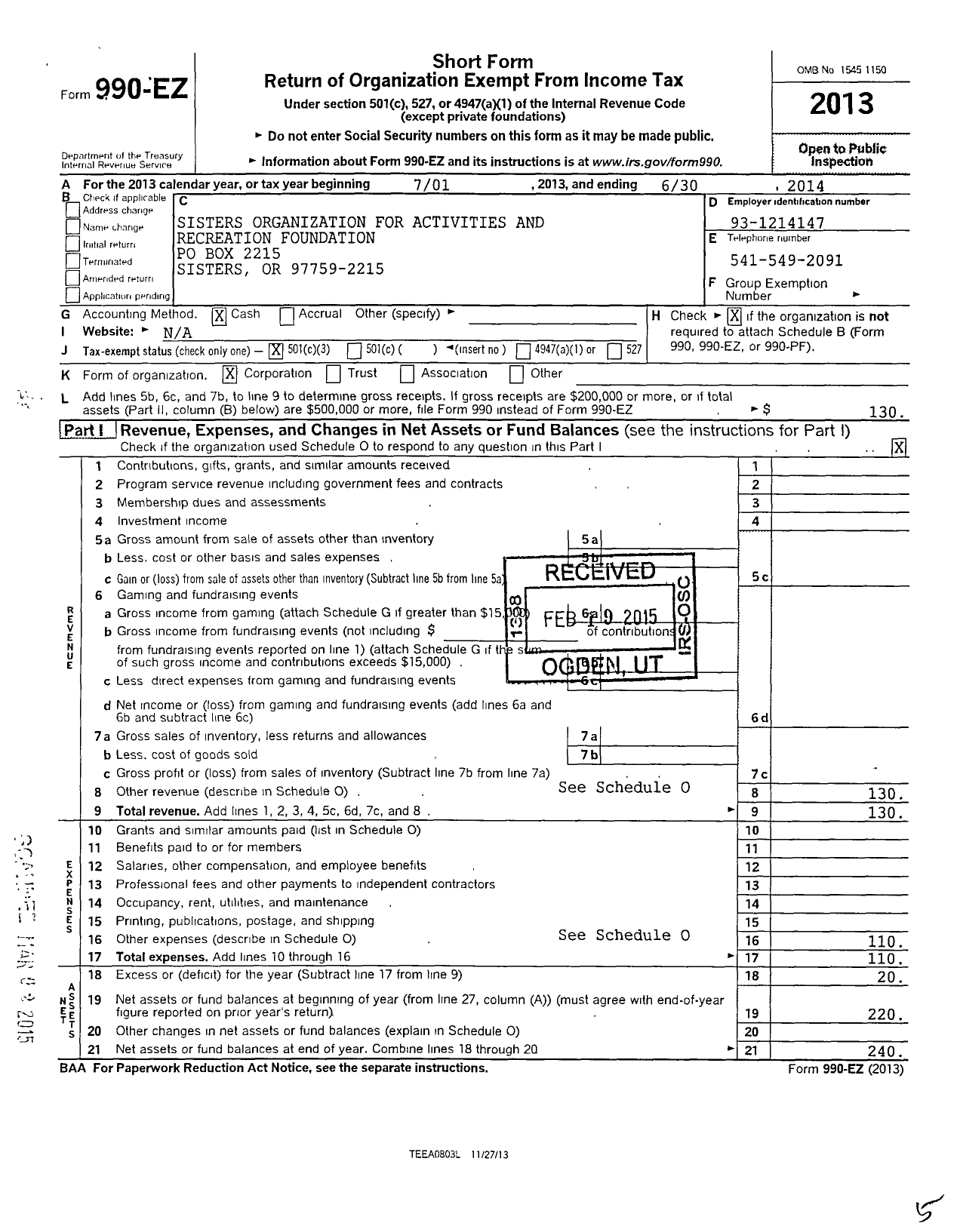 Image of first page of 2013 Form 990EZ for Sisters Organization for Activities and Recreation