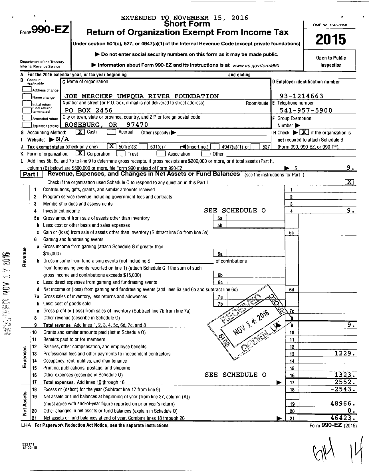 Image of first page of 2015 Form 990EZ for Joe Merchep Umpqua River Foundation