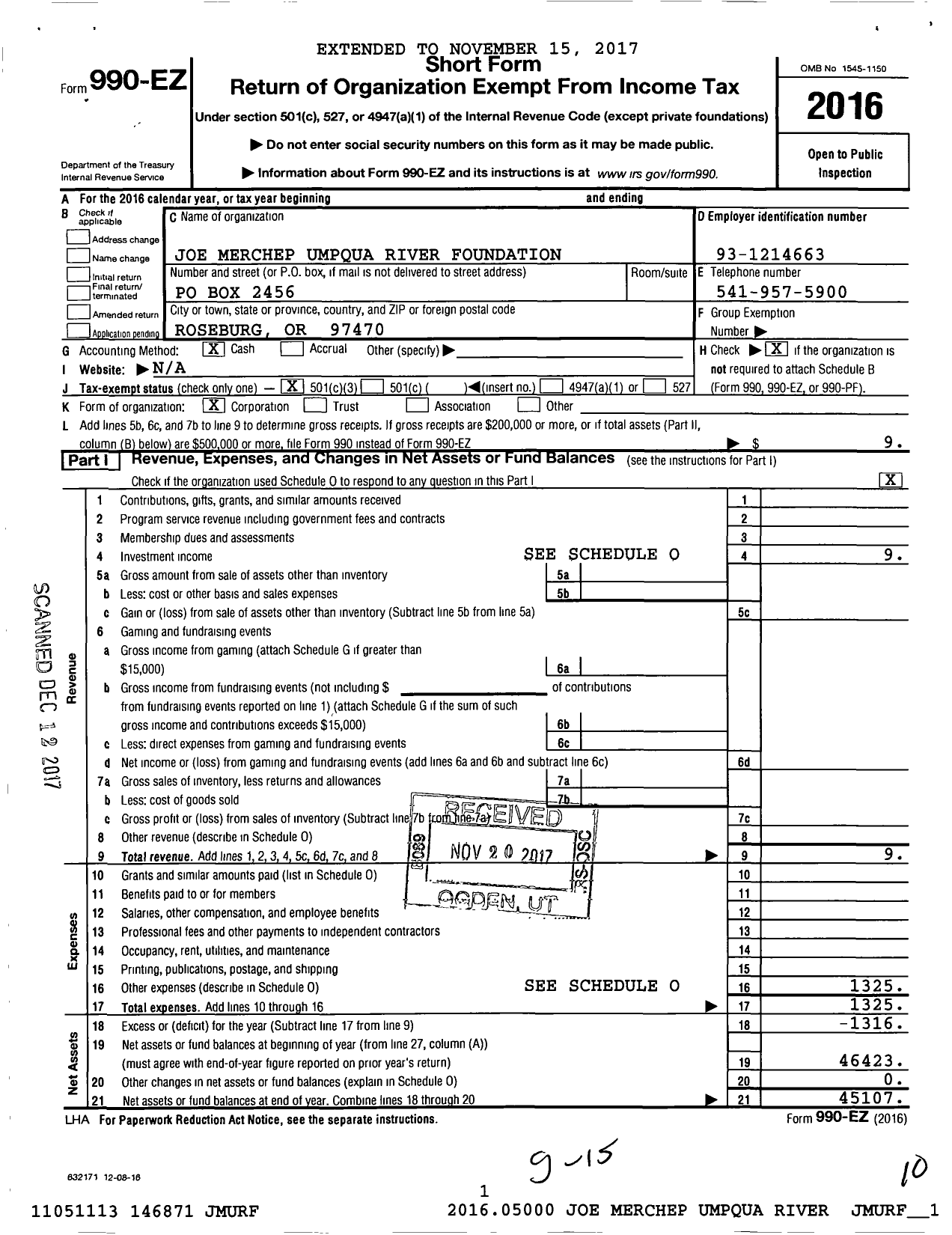 Image of first page of 2016 Form 990EZ for Joe Merchep Umpqua River Foundation