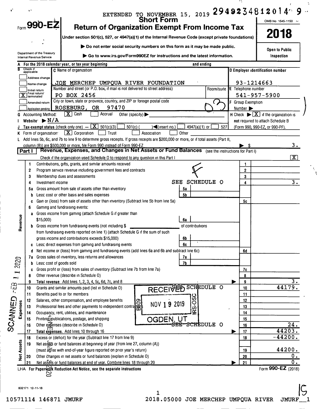 Image of first page of 2018 Form 990EZ for Joe Merchep Umpqua River Foundation