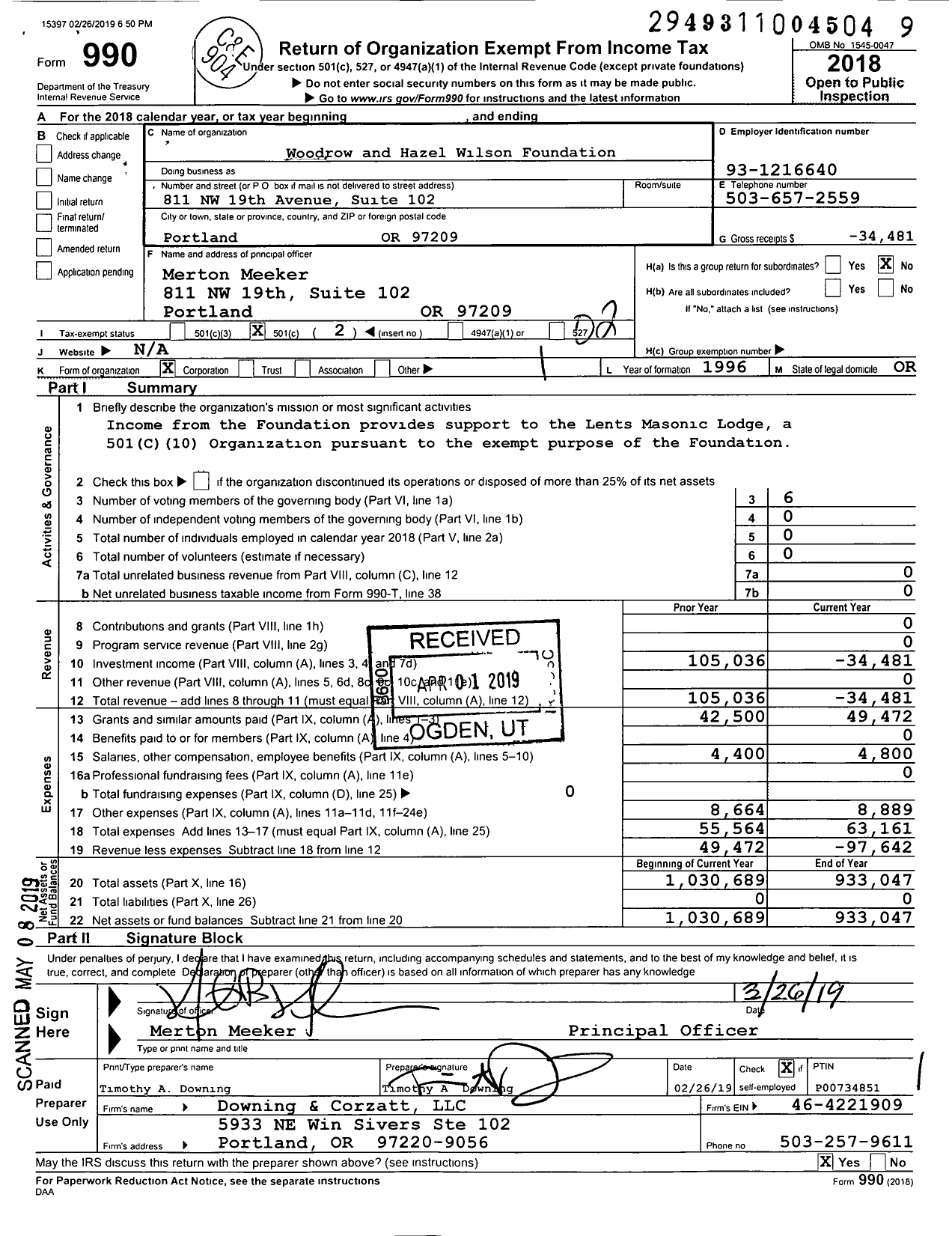 Image of first page of 2018 Form 990O for Woodrow and Hazel Wilson Foundation