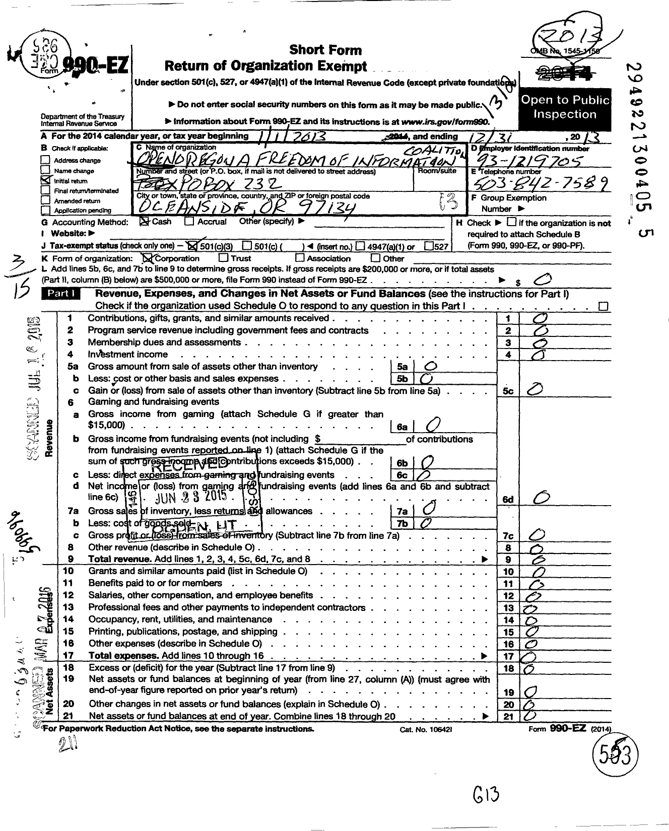 Image of first page of 2013 Form 990EZ for Open Oregon A Freedom of Information Coalition