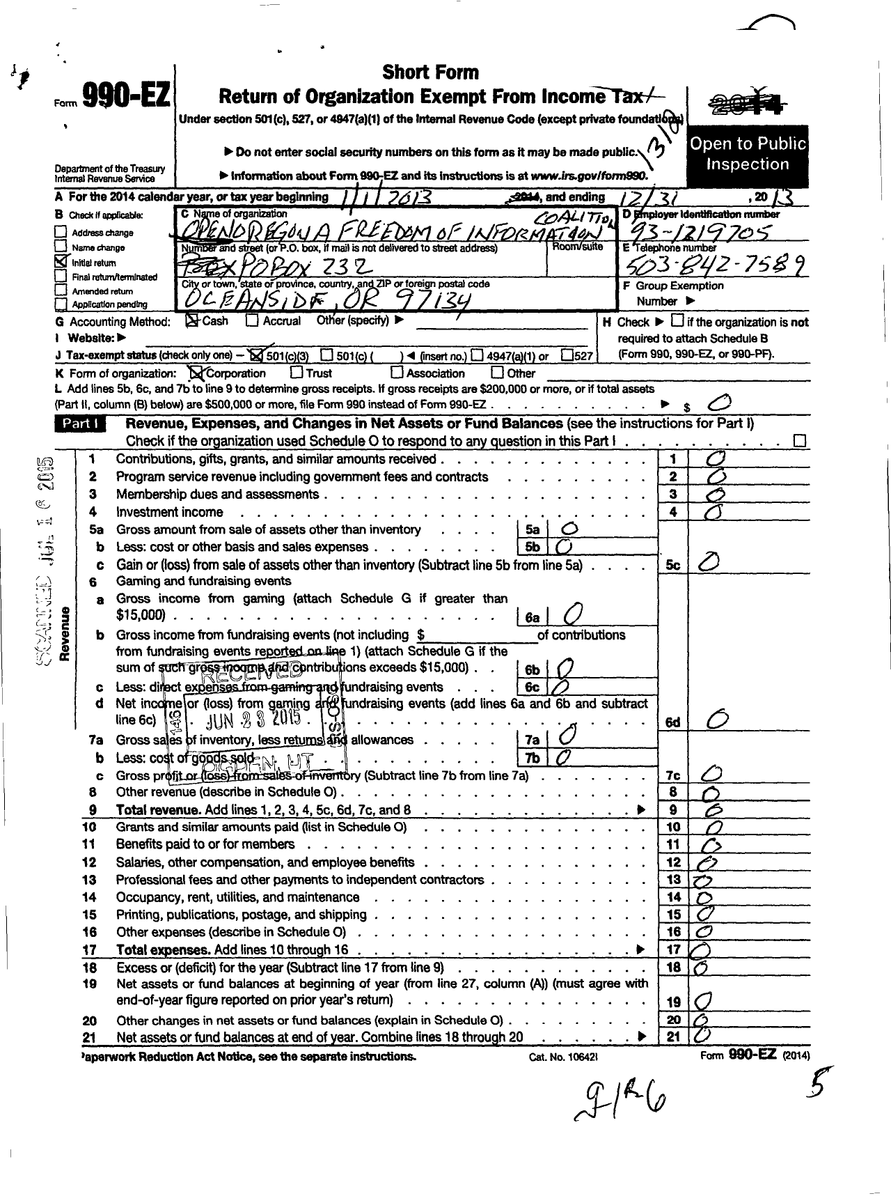 Image of first page of 2013 Form 990EZ for Open Oregon A Freedom of Information Coalition