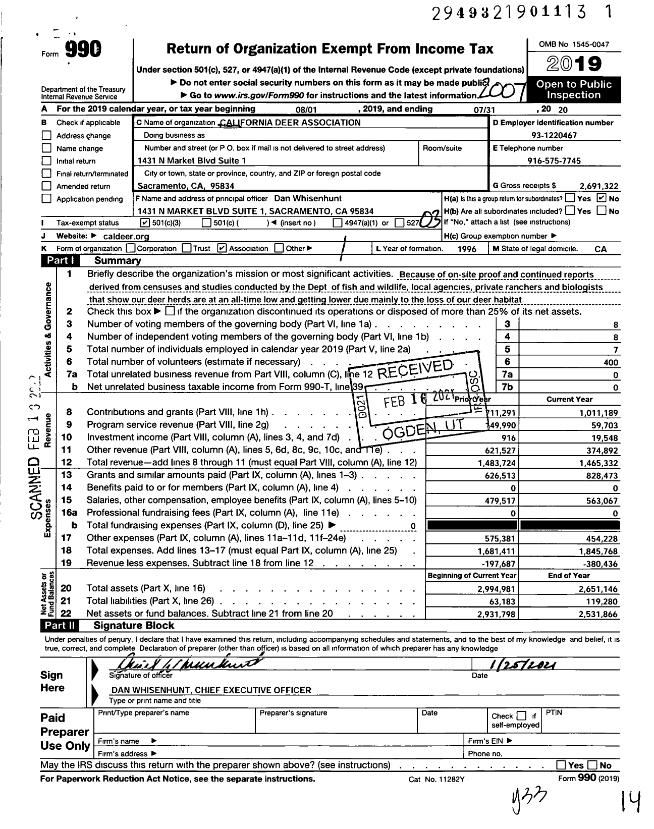 Image of first page of 2019 Form 990 for California Deer Association (CDA)