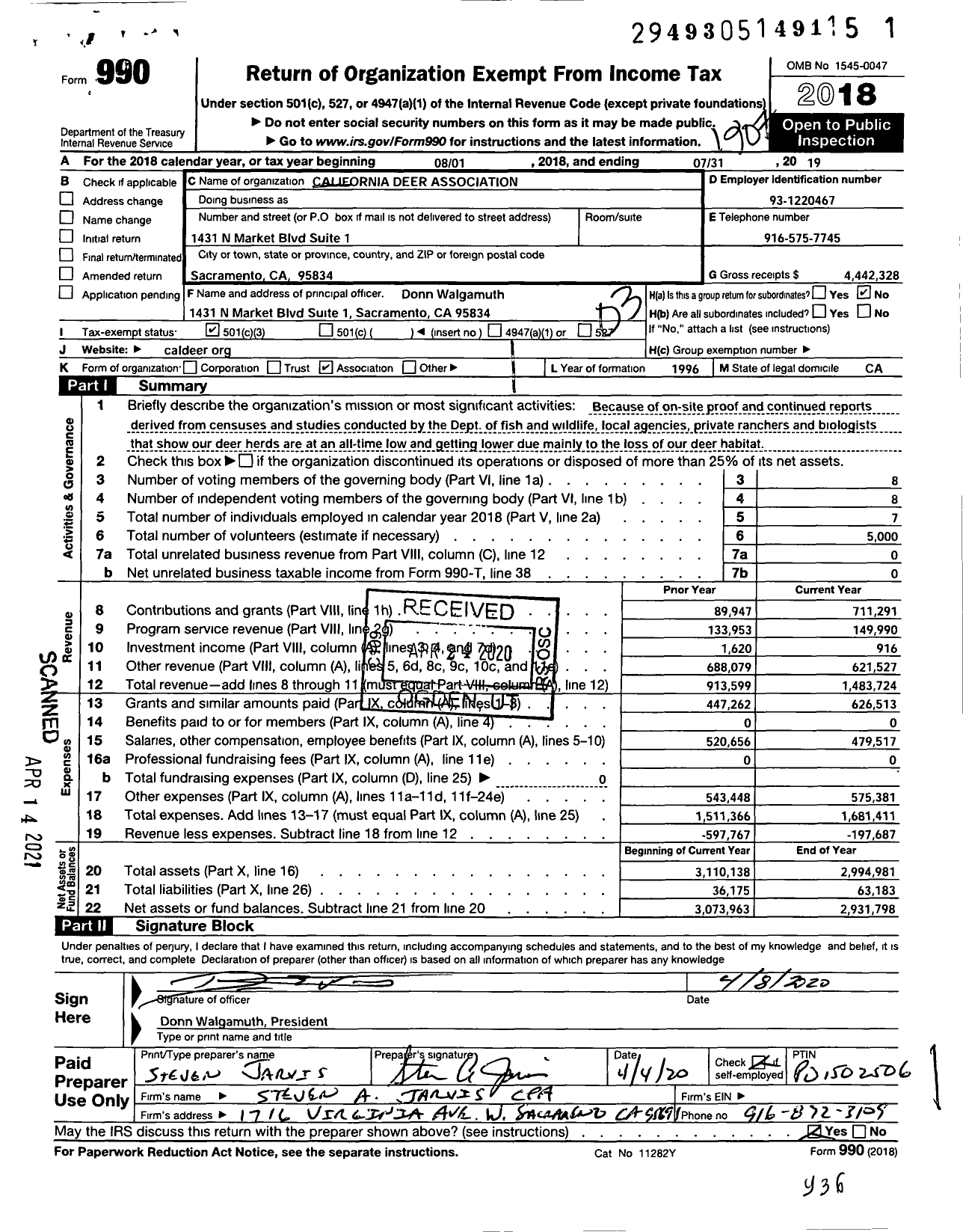 Image of first page of 2018 Form 990 for California Deer Association (CDA)