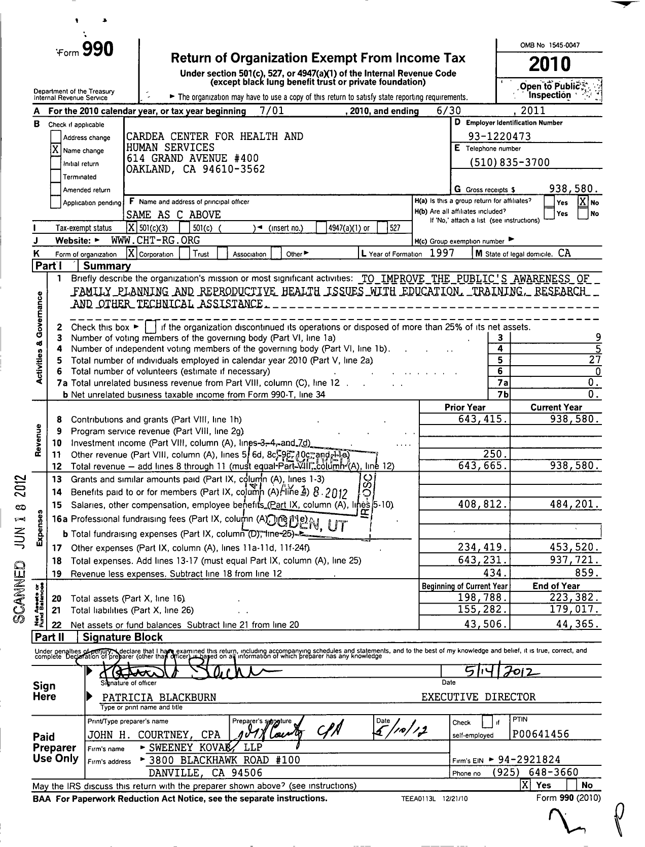 Image of first page of 2010 Form 990 for Cardea Center for Health and Human Services