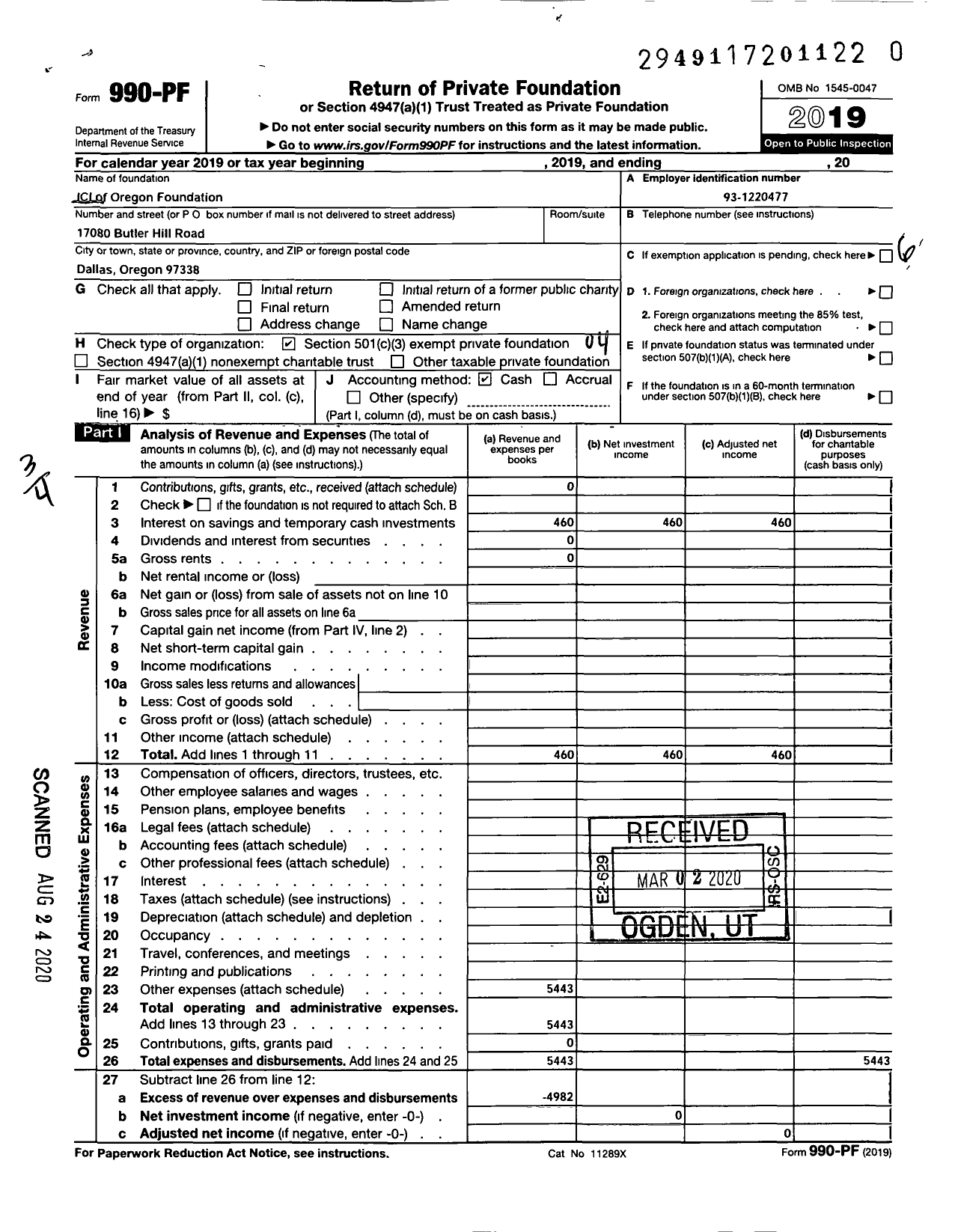 Image of first page of 2019 Form 990PR for Ici of Oregon Foundation