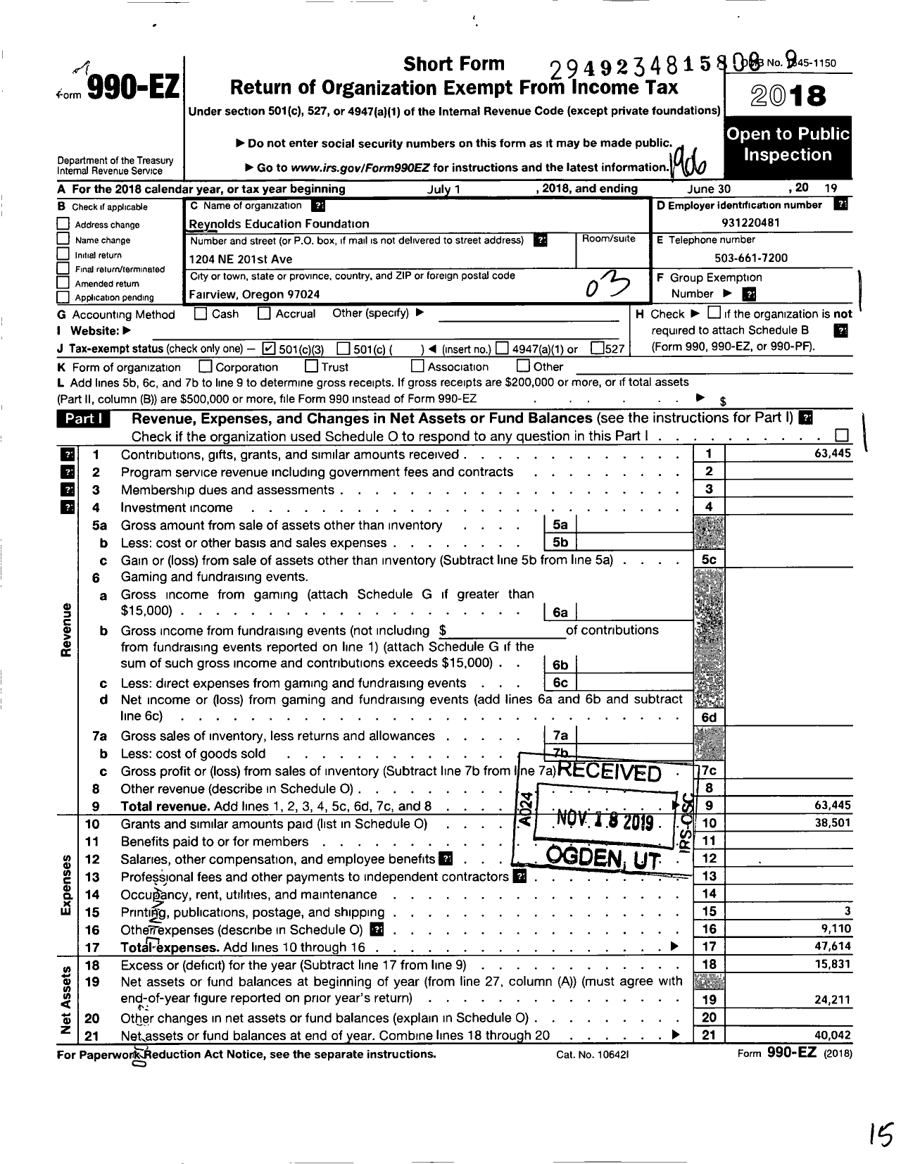 Image of first page of 2018 Form 990EZ for Reynolds Education Foundation