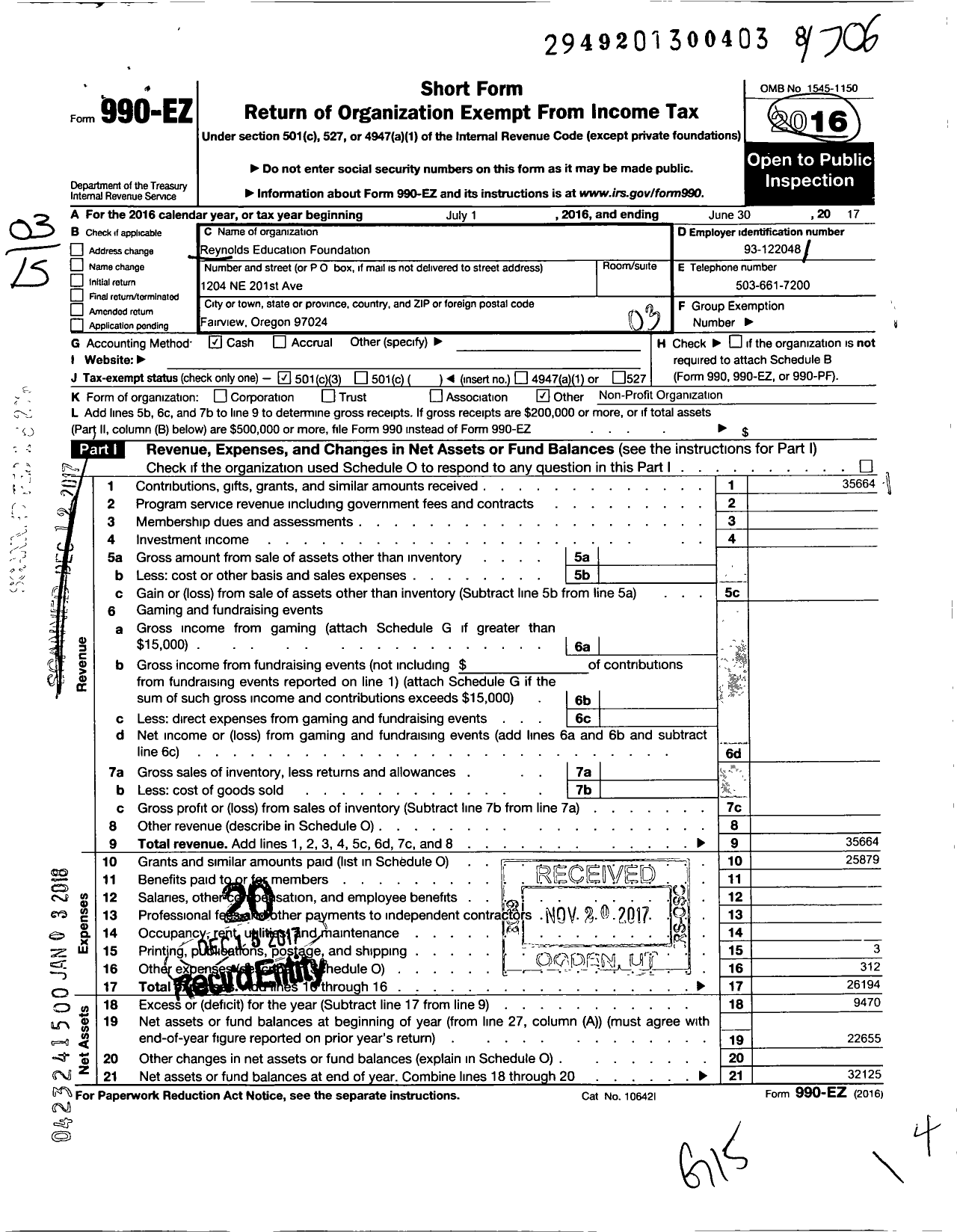 Image of first page of 2016 Form 990EZ for Reynolds Education Foundation