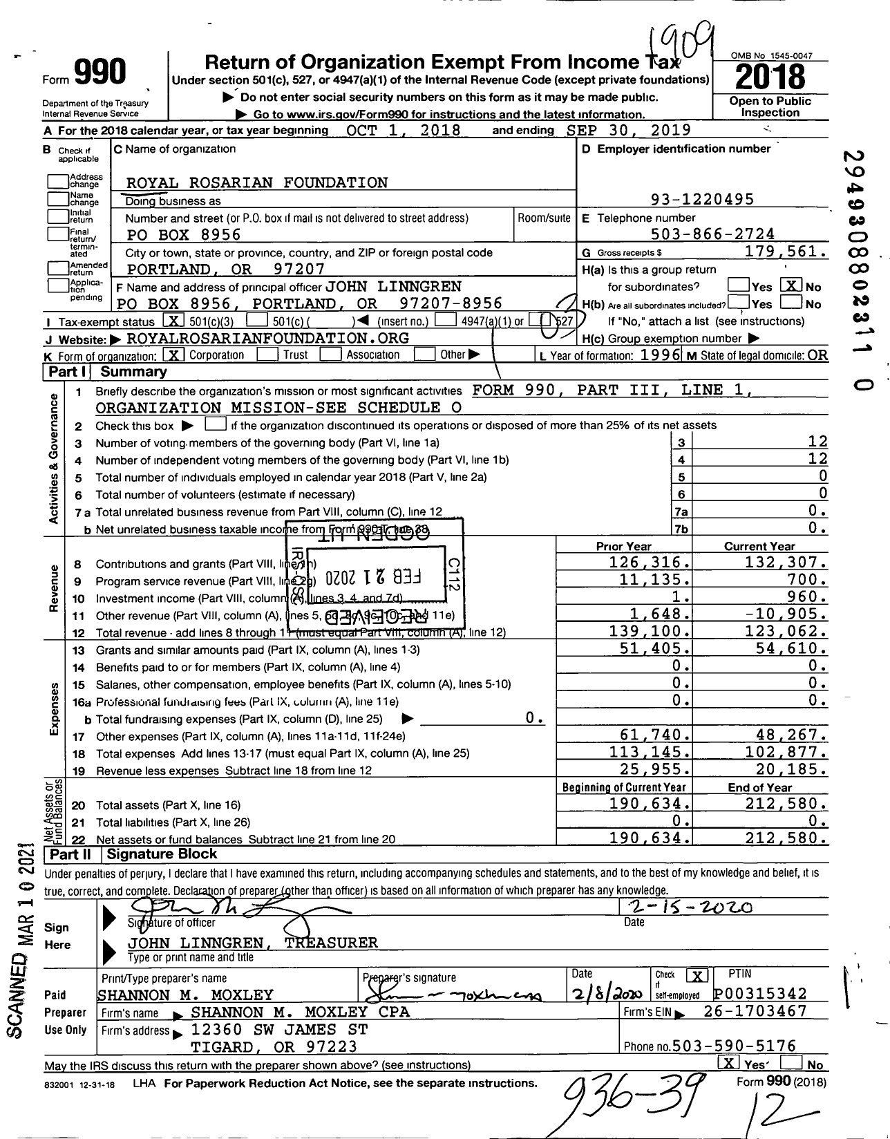 Image of first page of 2018 Form 990 for Royal Rosarian Foundation PO Box 8956