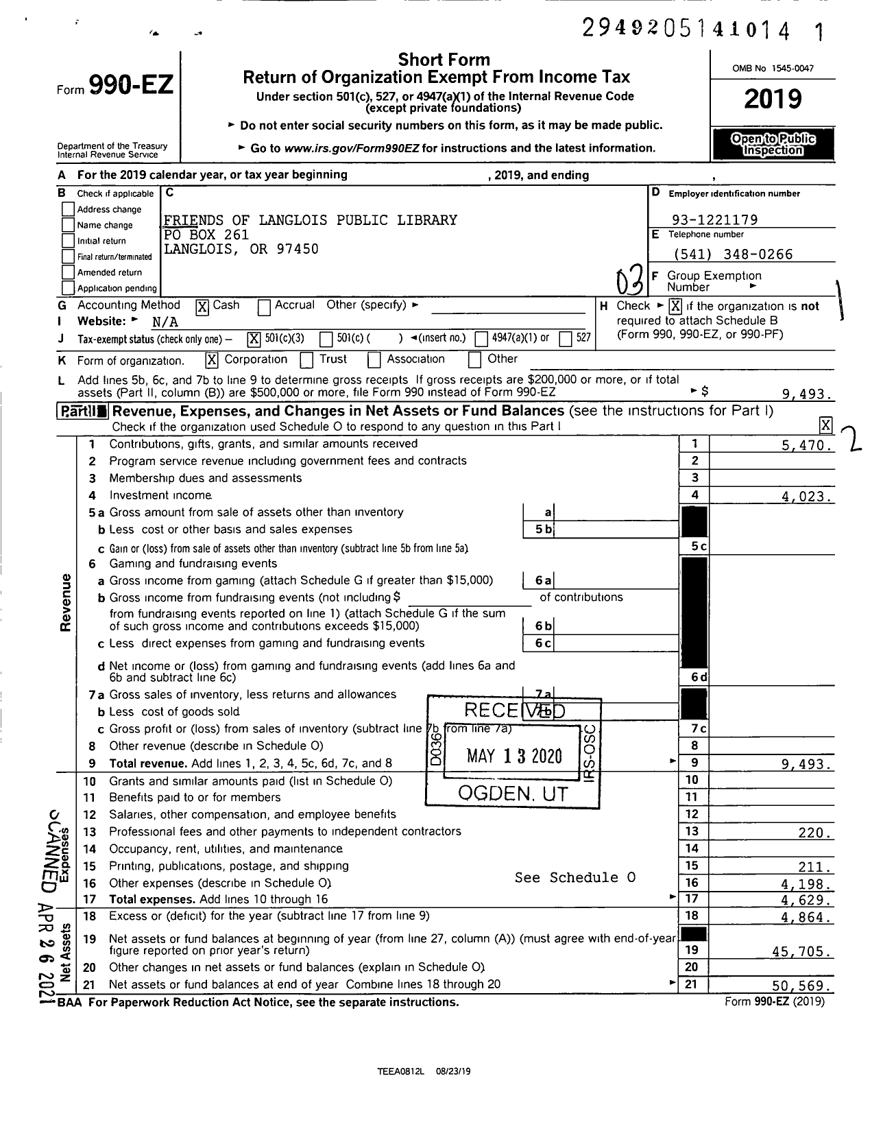 Image of first page of 2019 Form 990EZ for Friends of Langlois Public Library